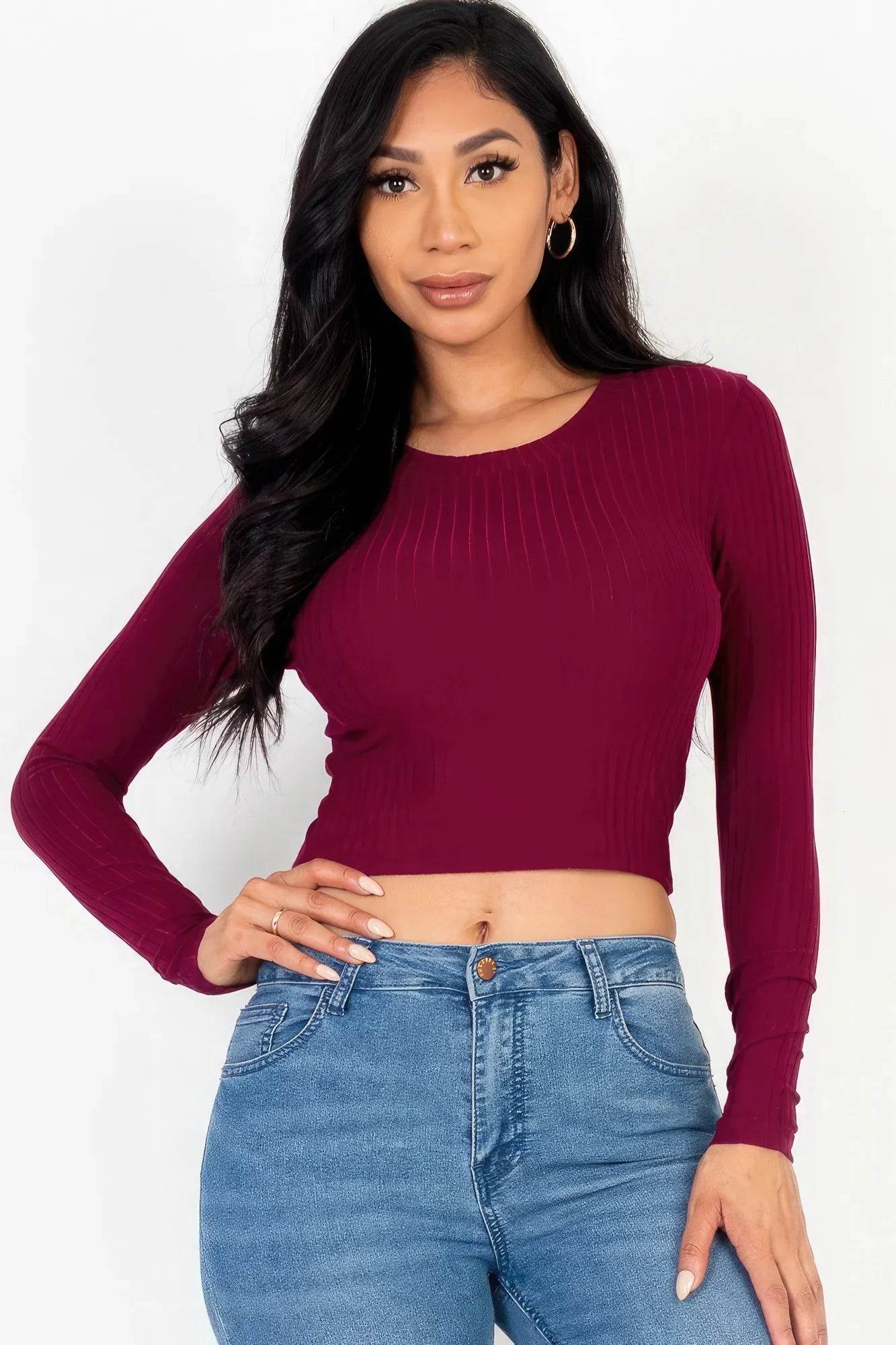 Long Sleeve Round Neck Basic Crop Top - Bona Fide Fashion