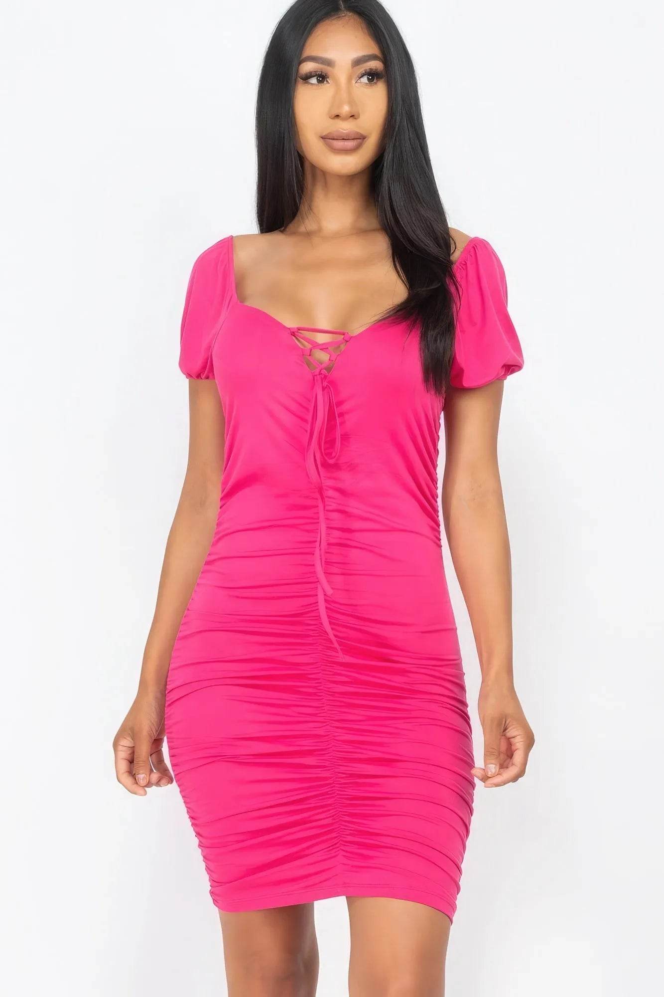 Front Lace Up Ruched Mini Dress - Bona Fide Fashion