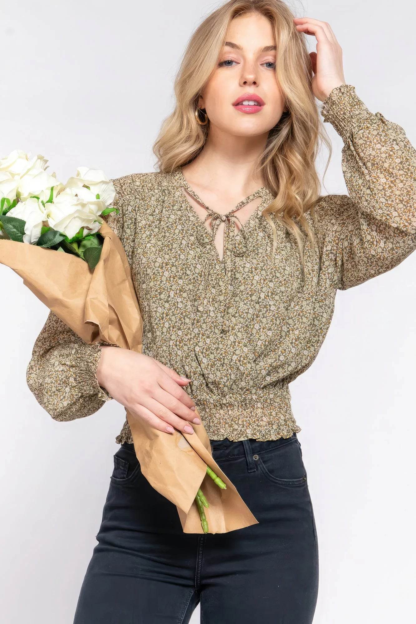 Surplice Smocked Print Chiffon Blouse - Bona Fide Fashion