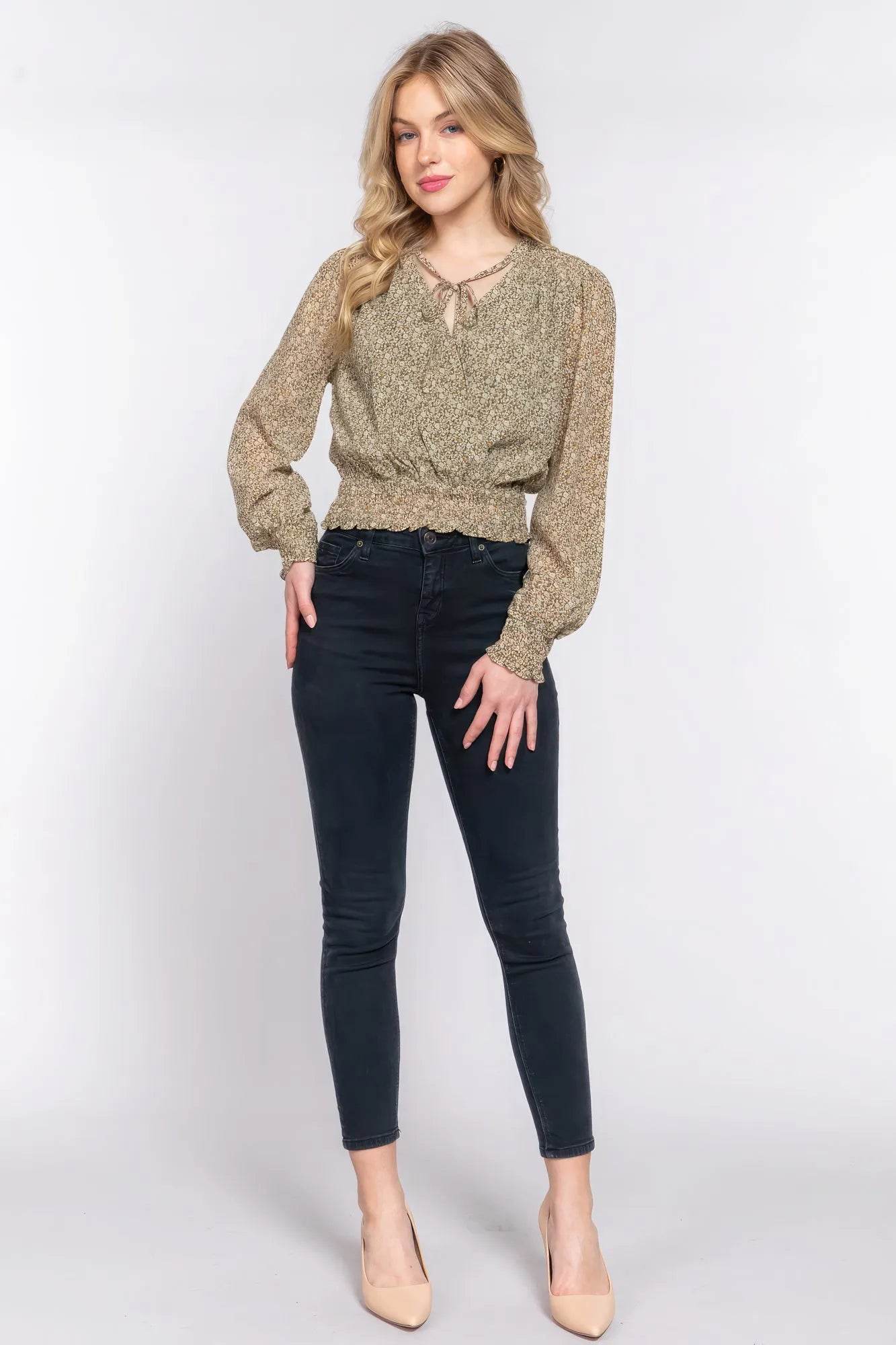 Surplice Smocked Print Chiffon Blouse - Bona Fide Fashion