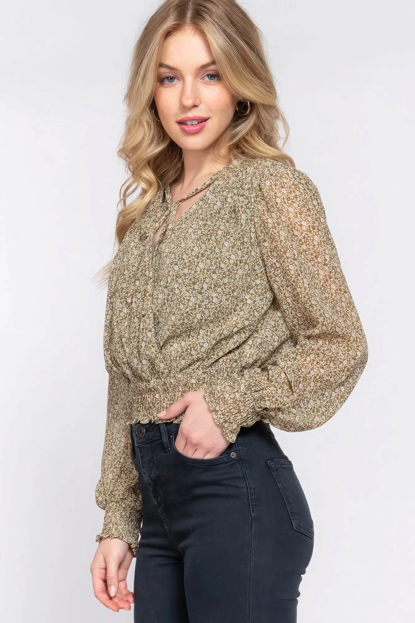 Surplice Smocked Print Chiffon Blouse - Bona Fide Fashion