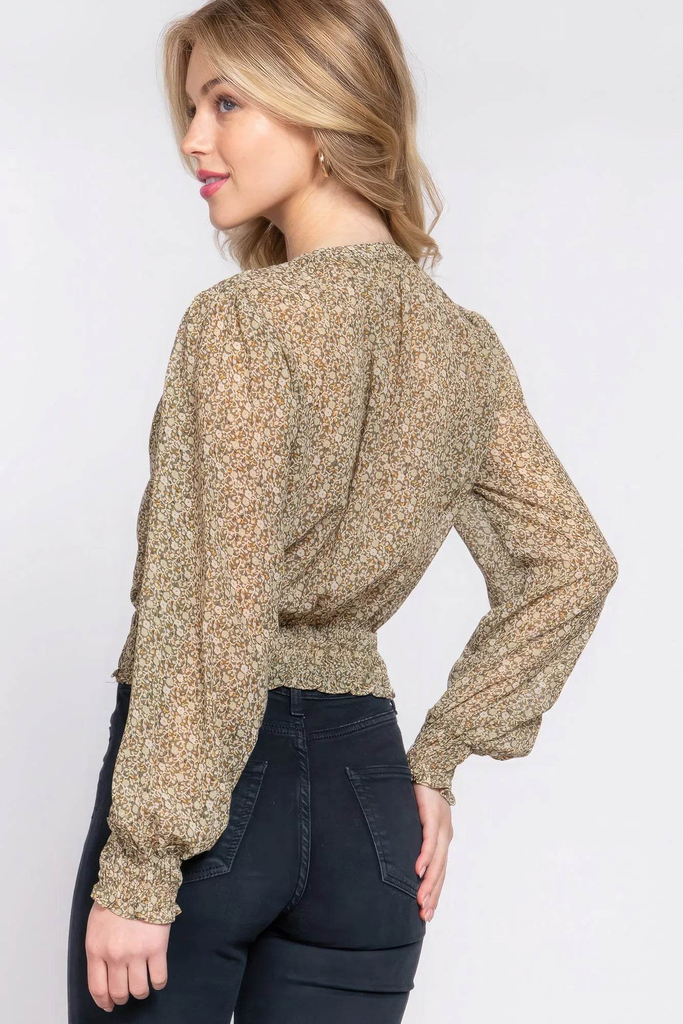 Surplice Smocked Print Chiffon Blouse - Bona Fide Fashion