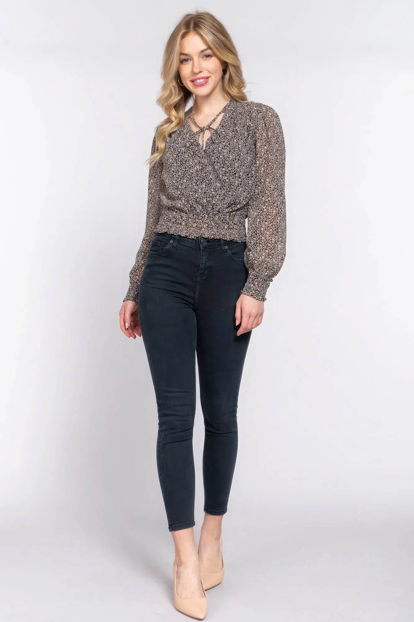 Surplice Smocked Print Chiffon Blouse - Bona Fide Fashion