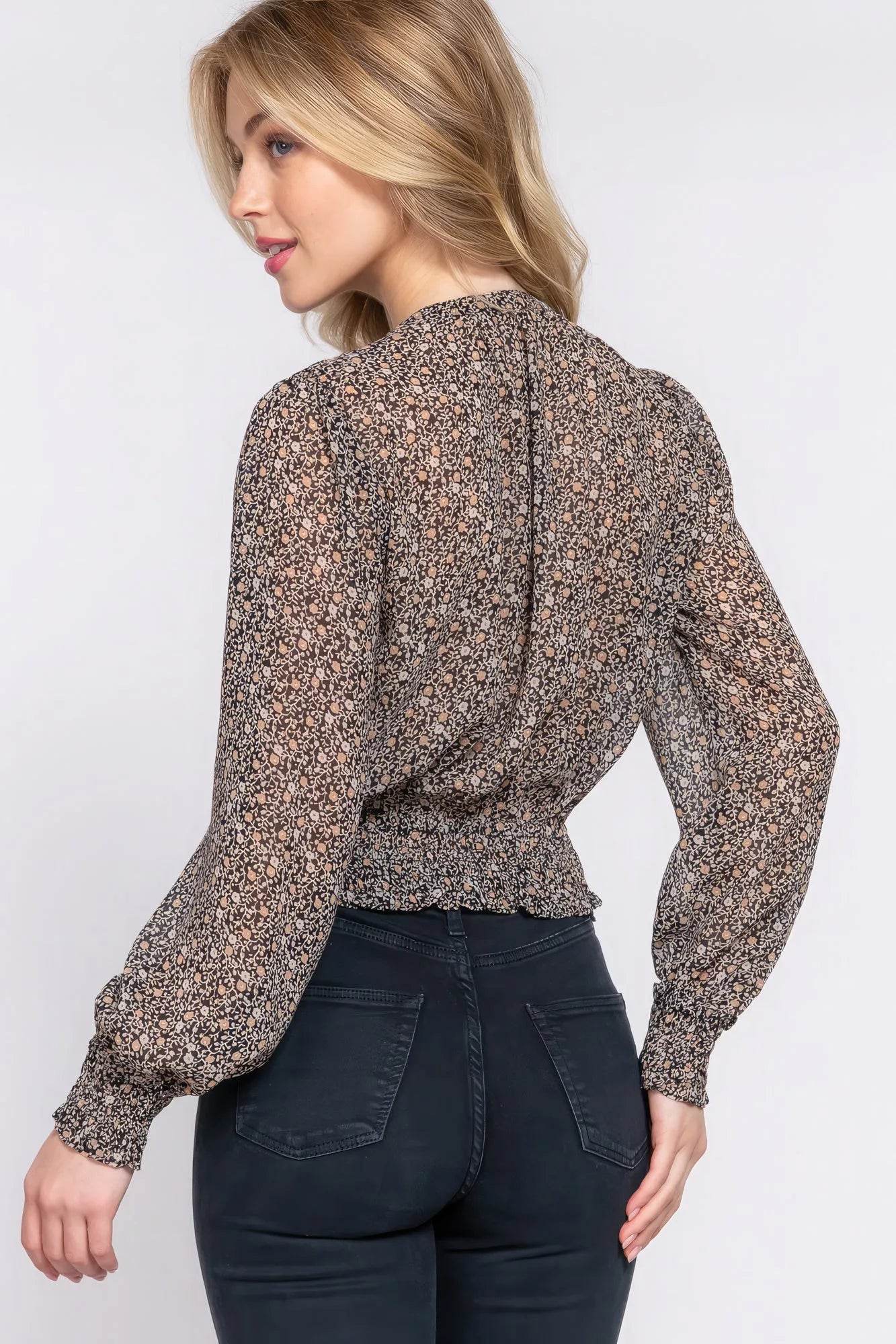 Surplice Smocked Print Chiffon Blouse - Bona Fide Fashion