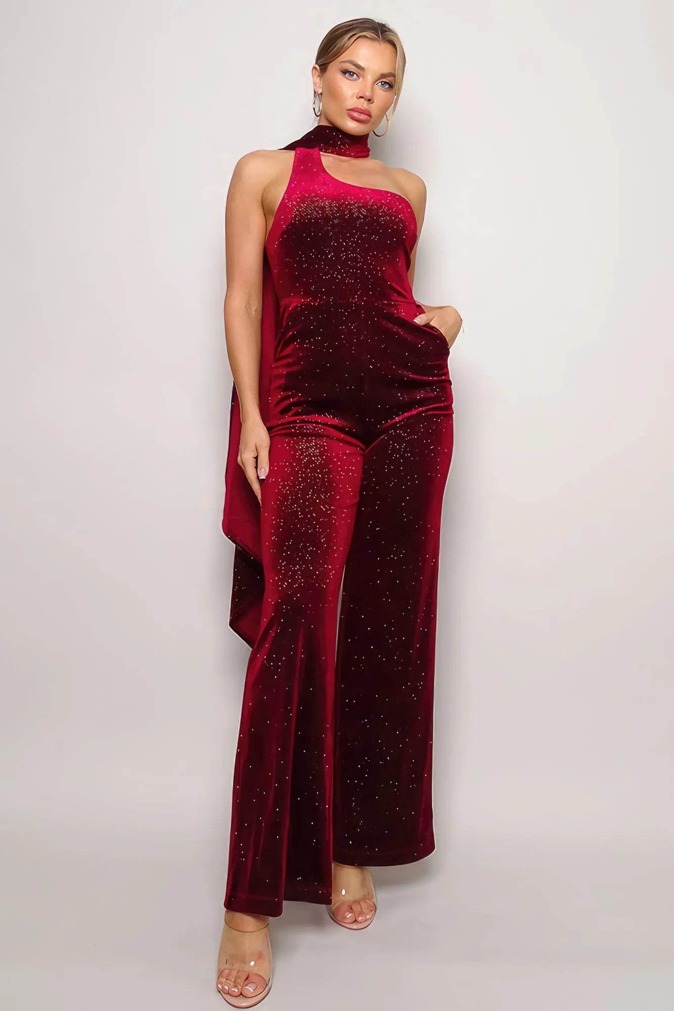 Scarf Top Glitter Velvet Jumpsuit - Bona Fide Fashion