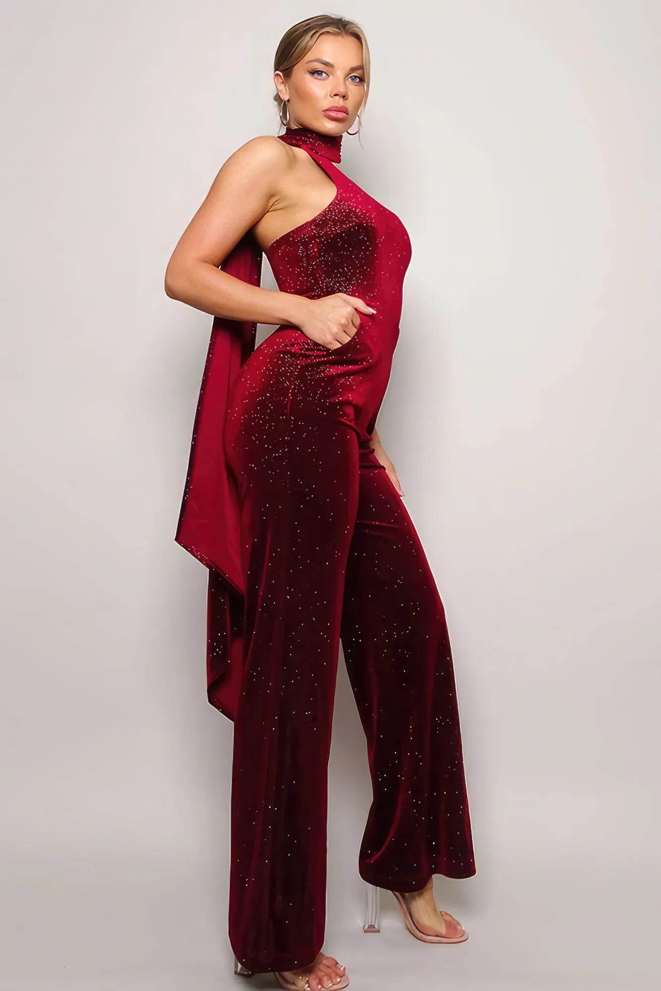 Scarf Top Glitter Velvet Jumpsuit - Bona Fide Fashion
