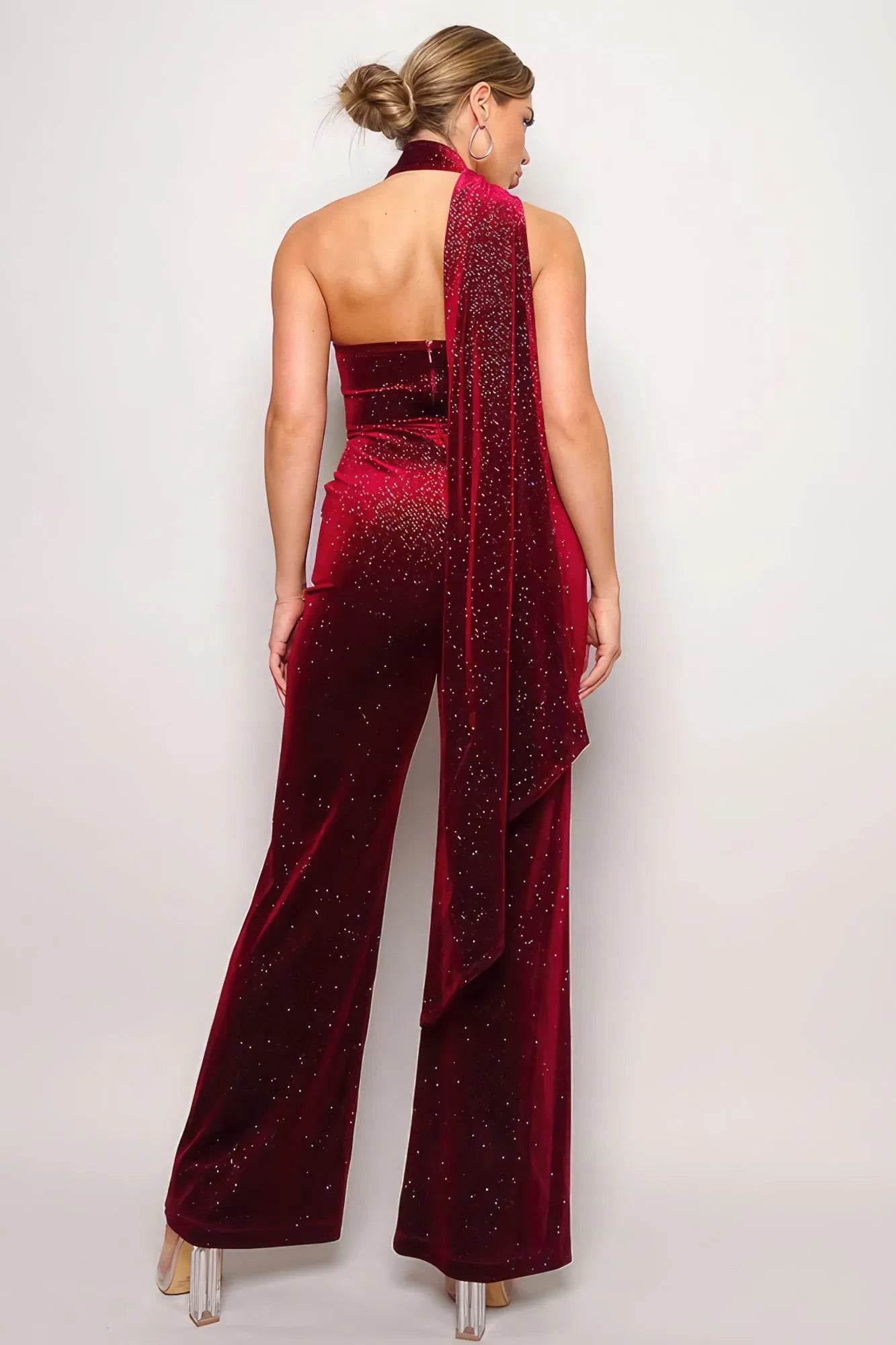 Scarf Top Glitter Velvet Jumpsuit - Bona Fide Fashion
