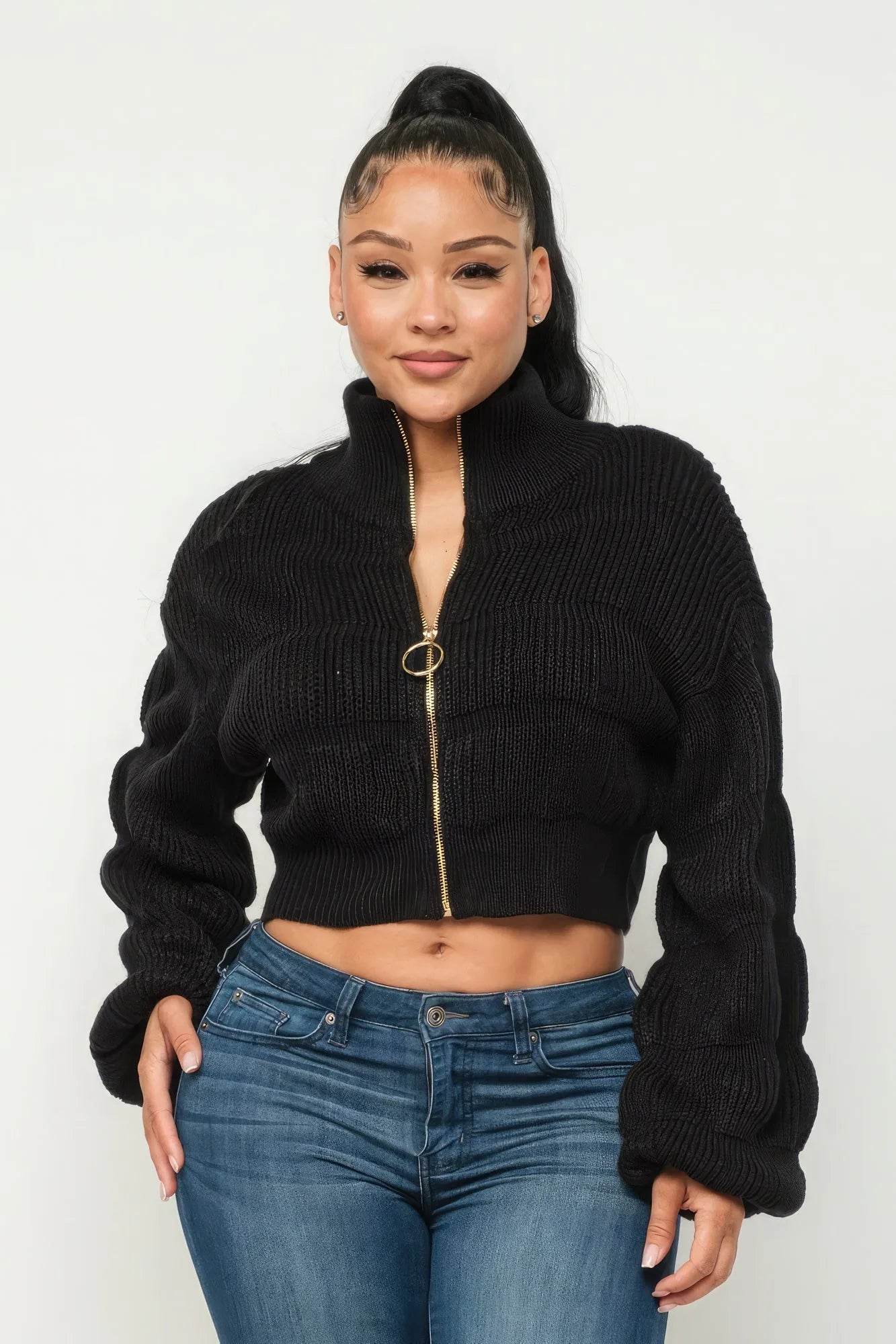 Michelin Sweater Top W/ Front Zipper - Bona Fide Fashion