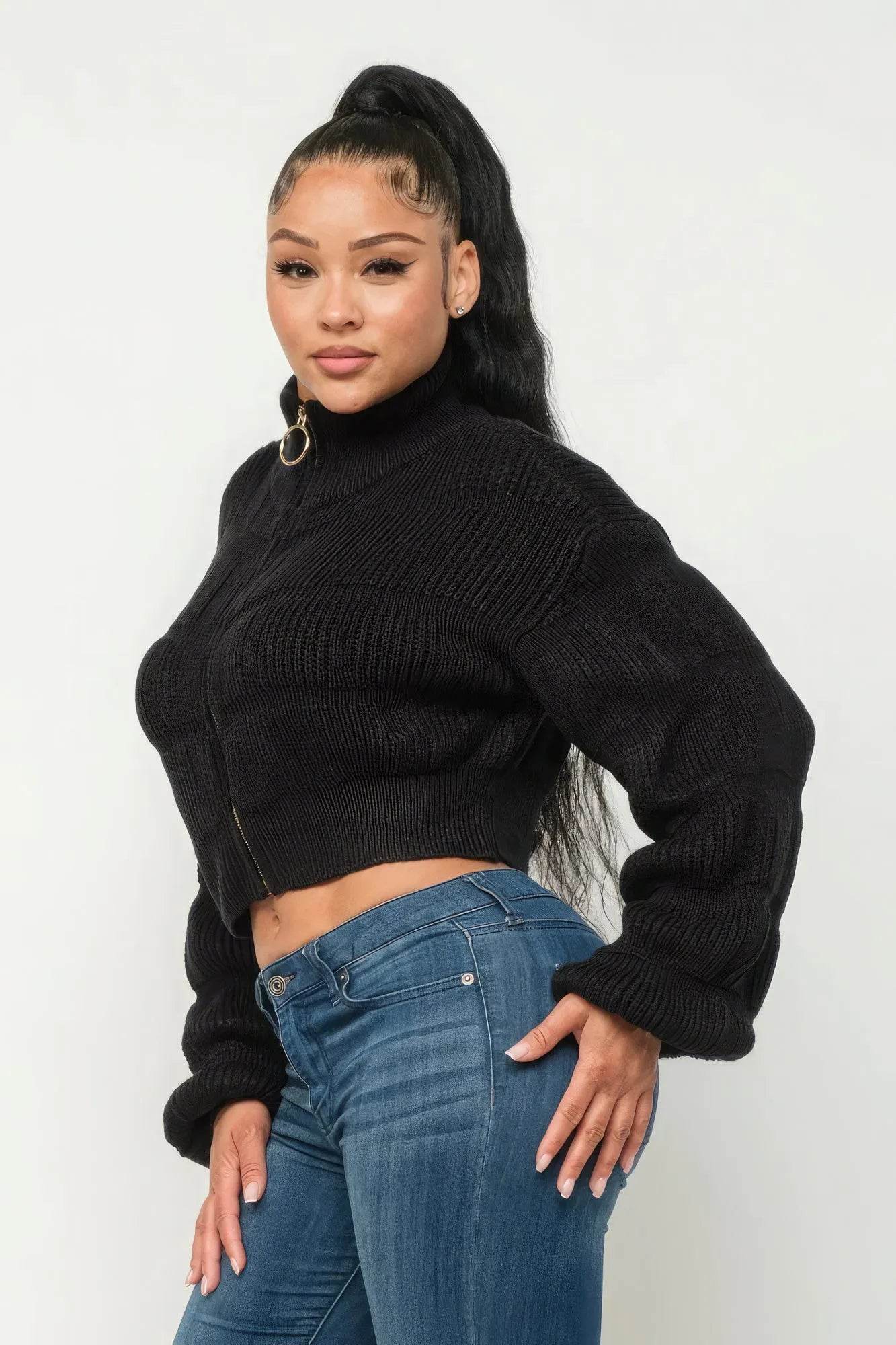 Michelin Sweater Top W/ Front Zipper - Bona Fide Fashion