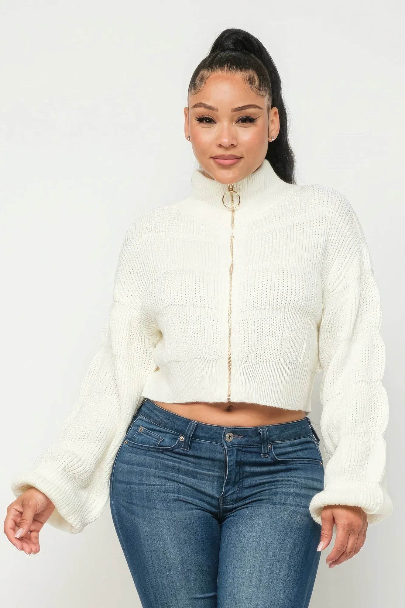 Sweater Top W/ Front Zipper - Bona Fide Fashion