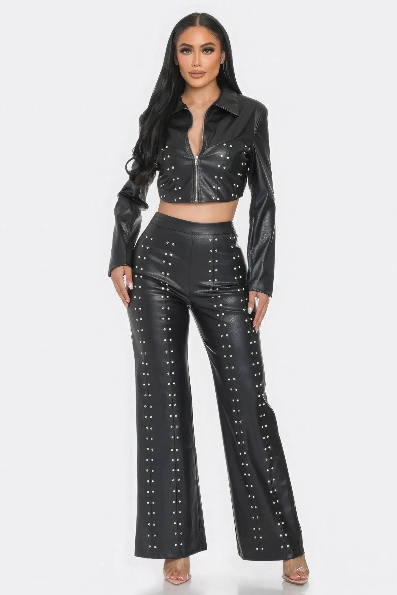 Faux Leather Set With Rhinestone Detail - Bona Fide Fashion