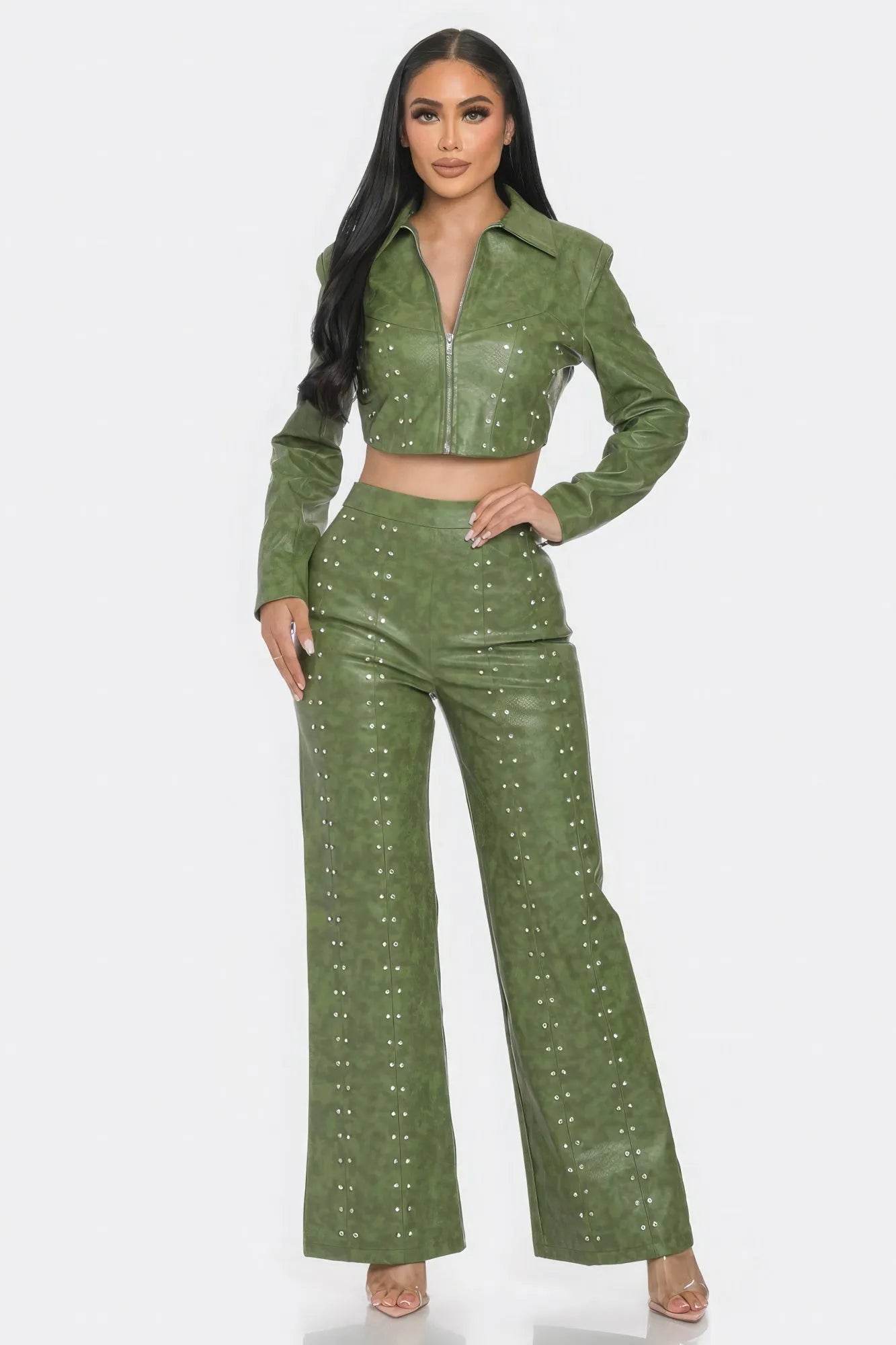 Faux Leather Set With Rhinestone Detail - Bona Fide Fashion