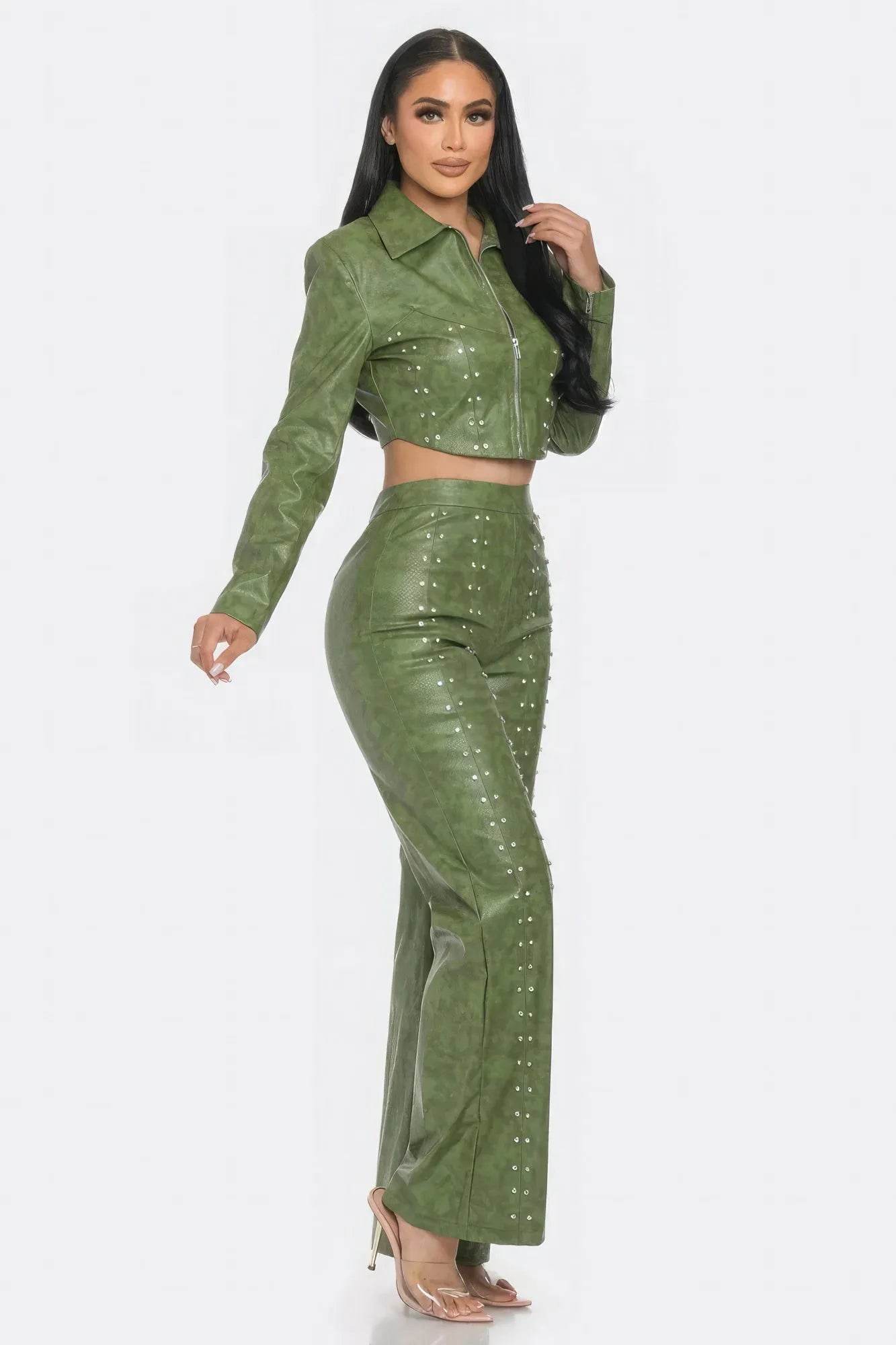 Faux Leather Set With Rhinestone Detail - Bona Fide Fashion
