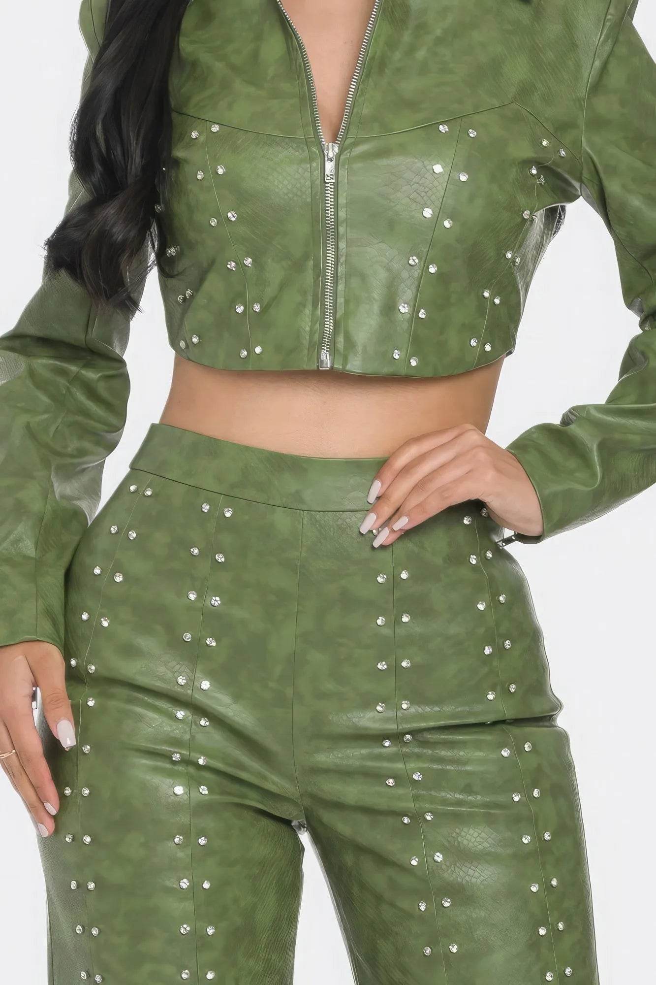 Faux Leather Set With Rhinestone Detail - Bona Fide Fashion