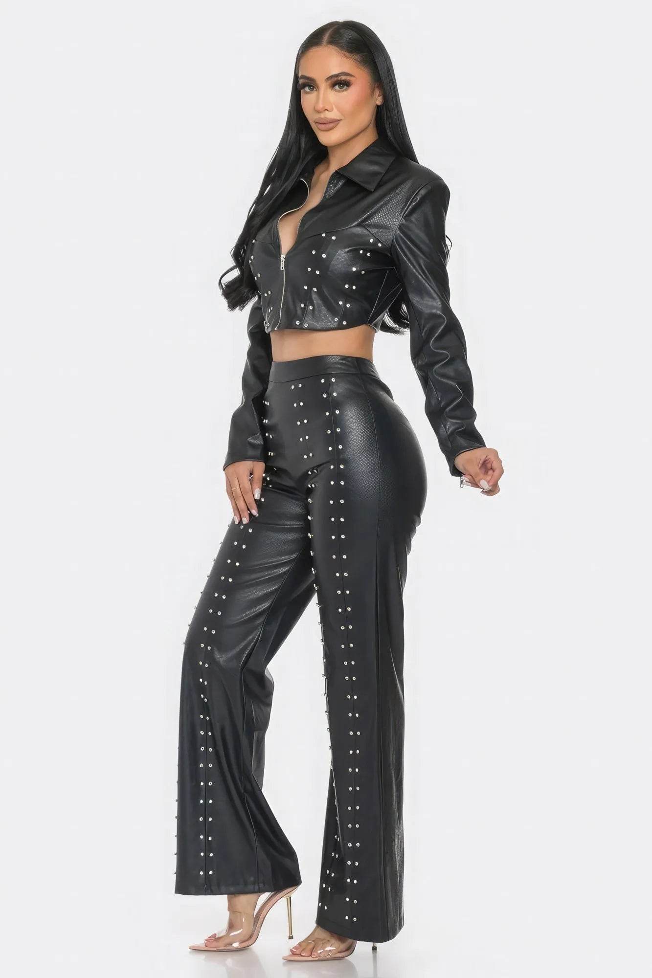 Faux Leather Set With Rhinestone Detail - Bona Fide Fashion