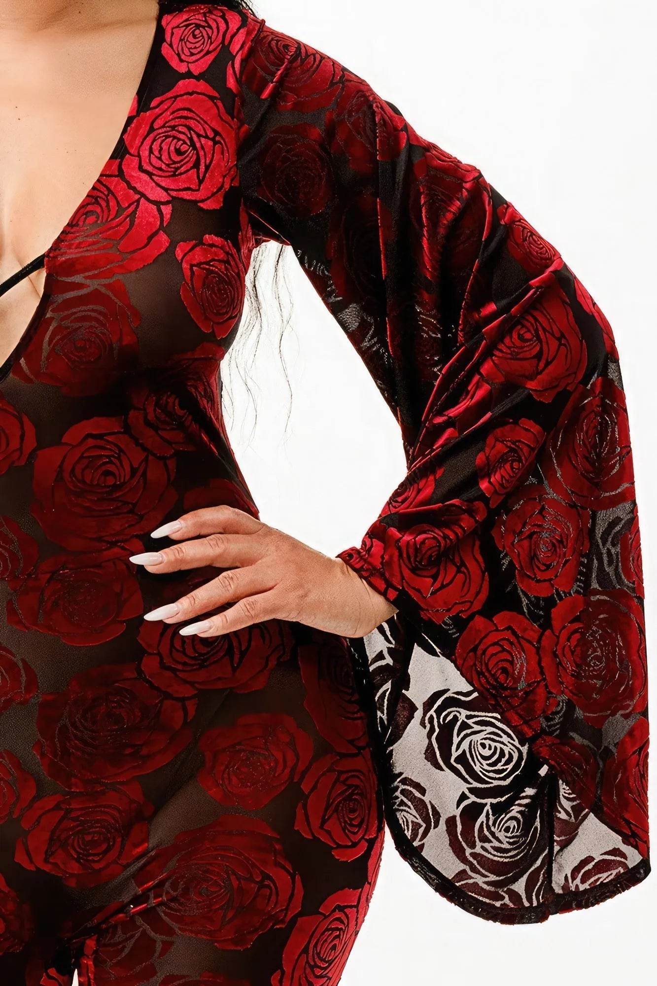 Velvet Flocking Jumpsuit/bell Sleeve - Bona Fide Fashion