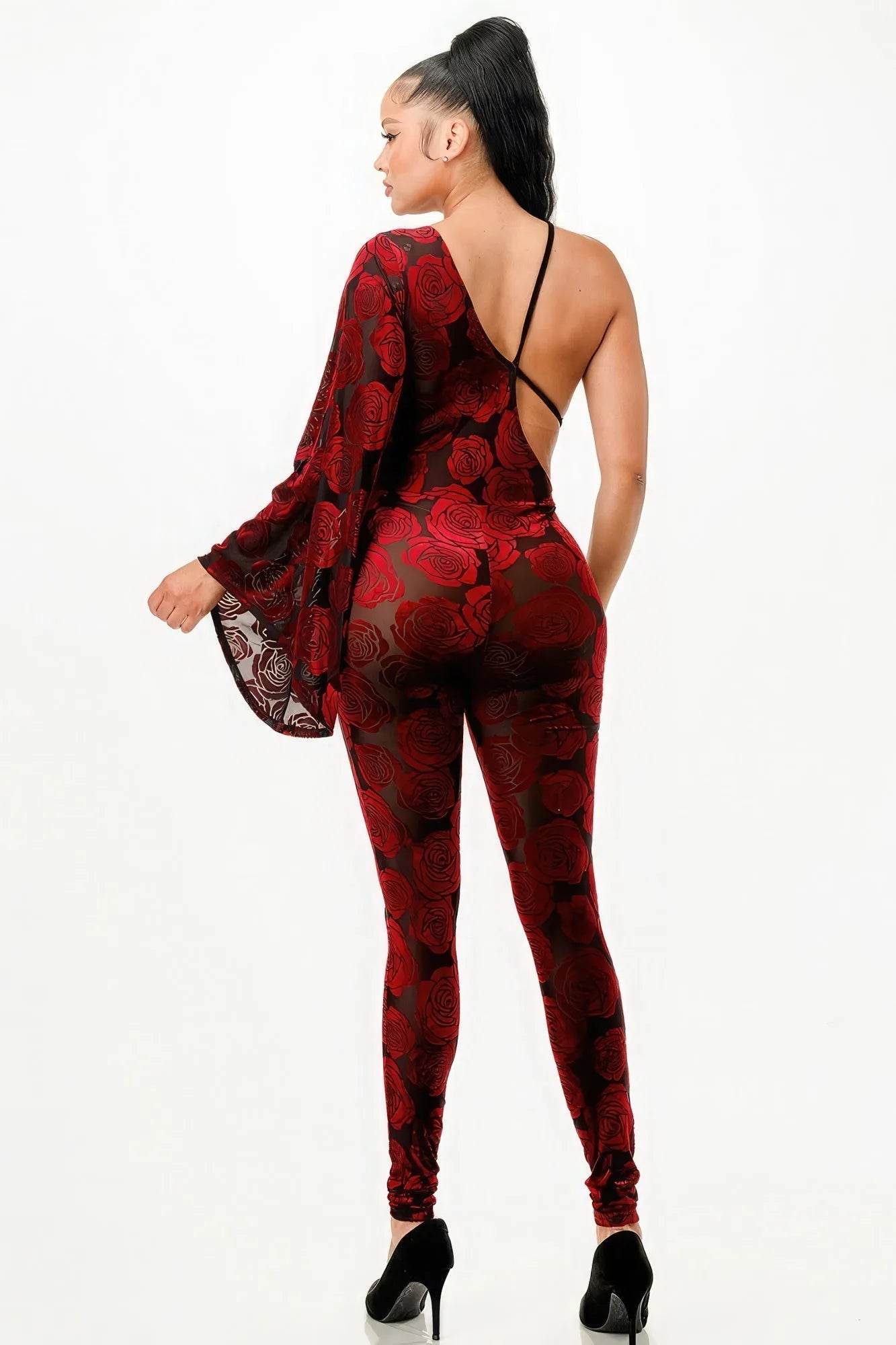 Velvet Flocking Jumpsuit/bell Sleeve - Bona Fide Fashion