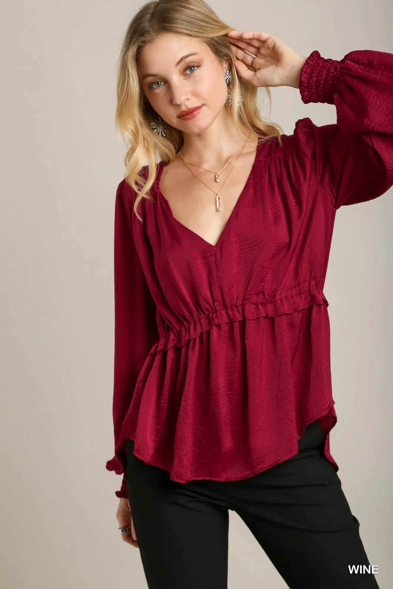 Satin V-neck Ruffle Baby Doll Top With Cuffed Long Sleeve - Bona Fide Fashion