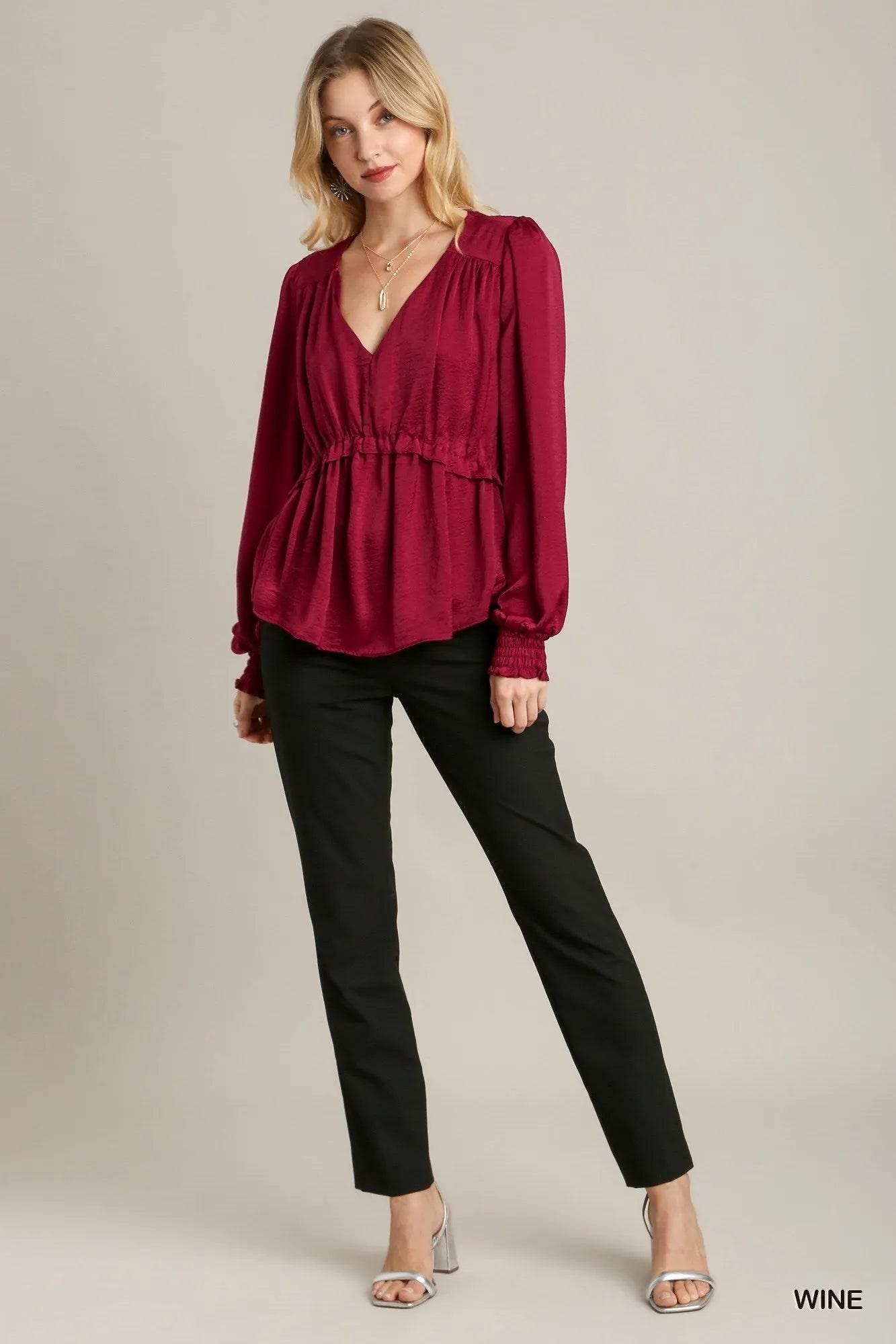 Satin V-neck Ruffle Baby Doll Top With Cuffed Long Sleeve - Bona Fide Fashion