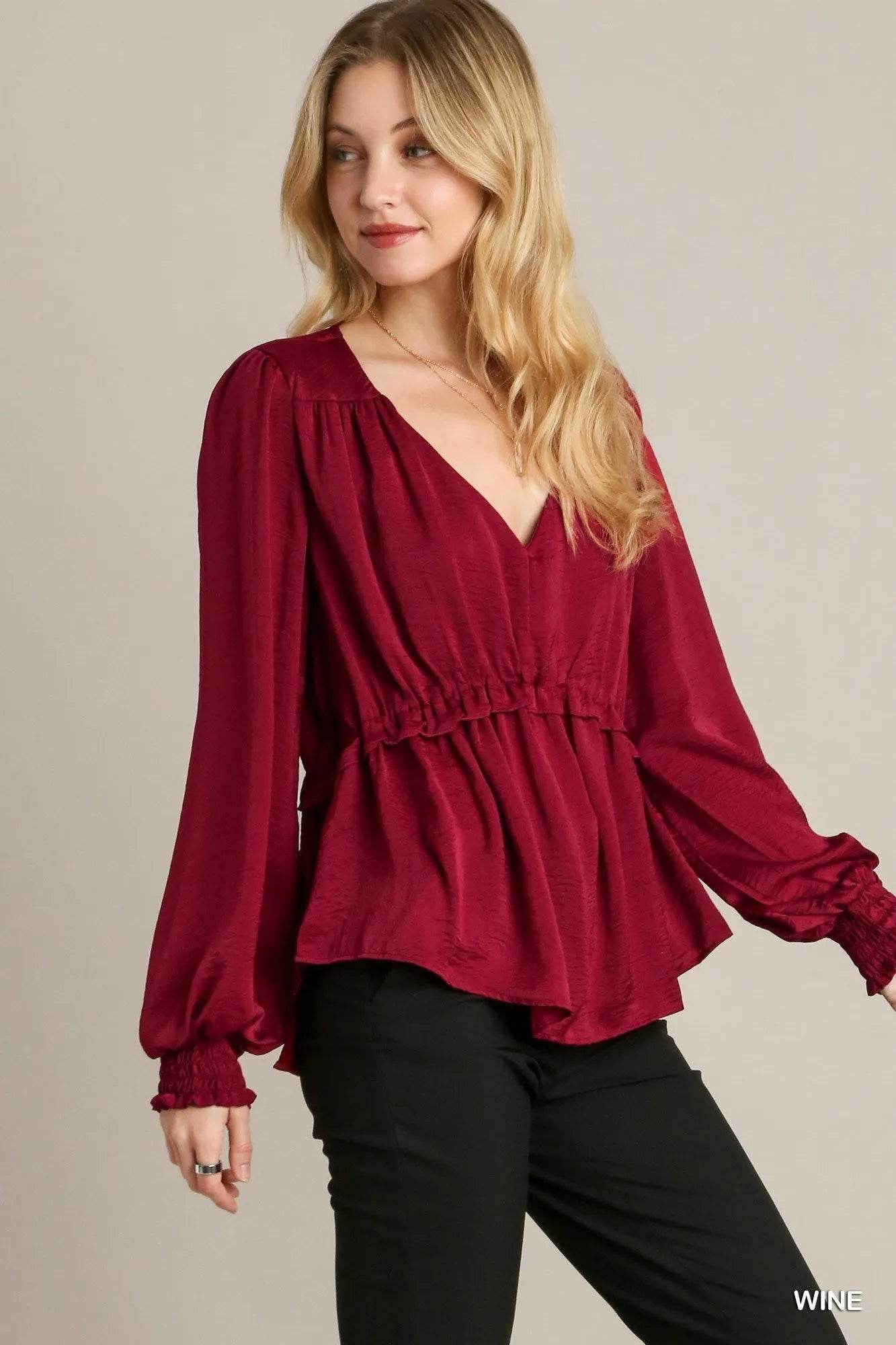 Satin V-neck Ruffle Baby Doll Top With Cuffed Long Sleeve - Bona Fide Fashion