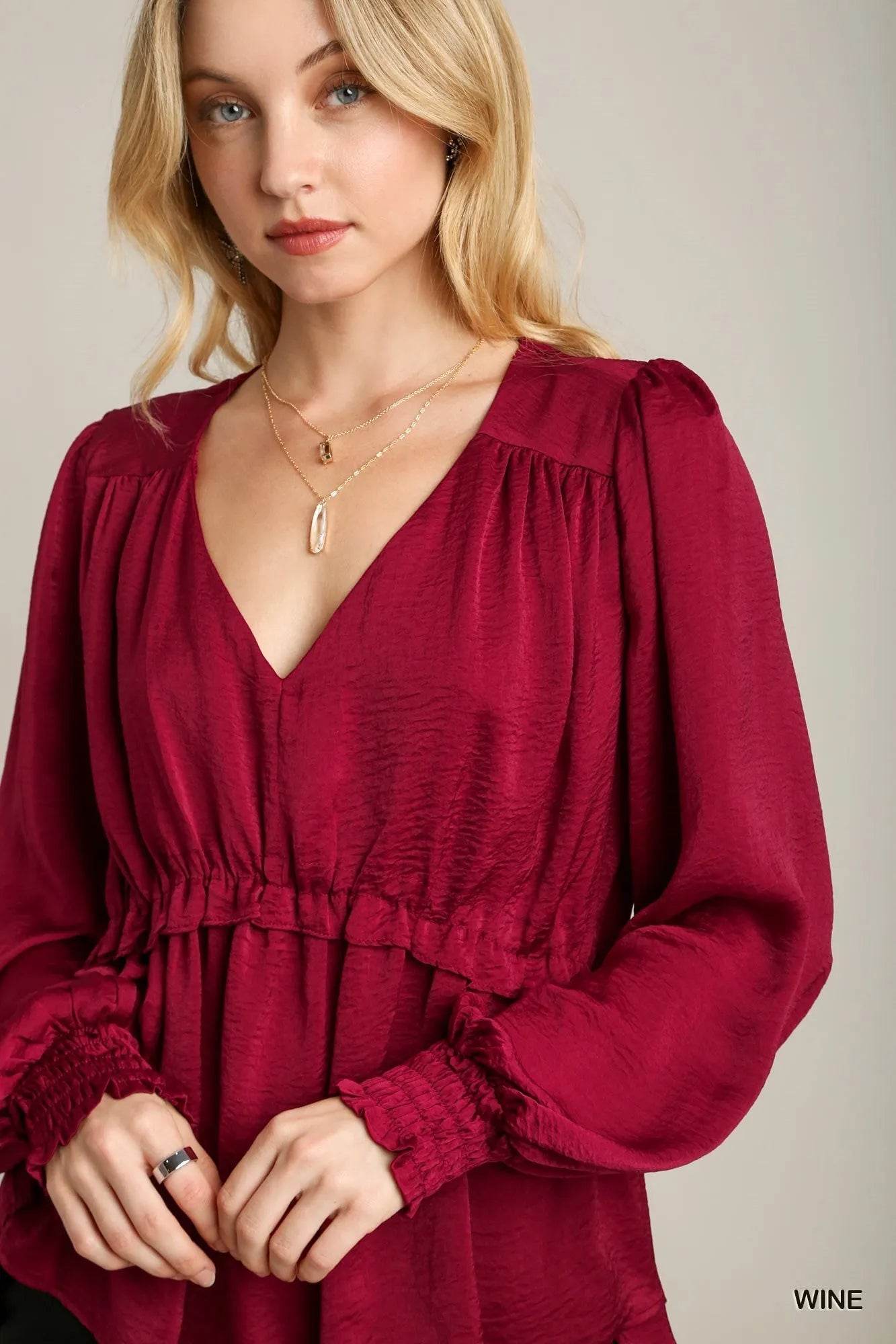 Satin V-neck Ruffle Baby Doll Top With Cuffed Long Sleeve - Bona Fide Fashion