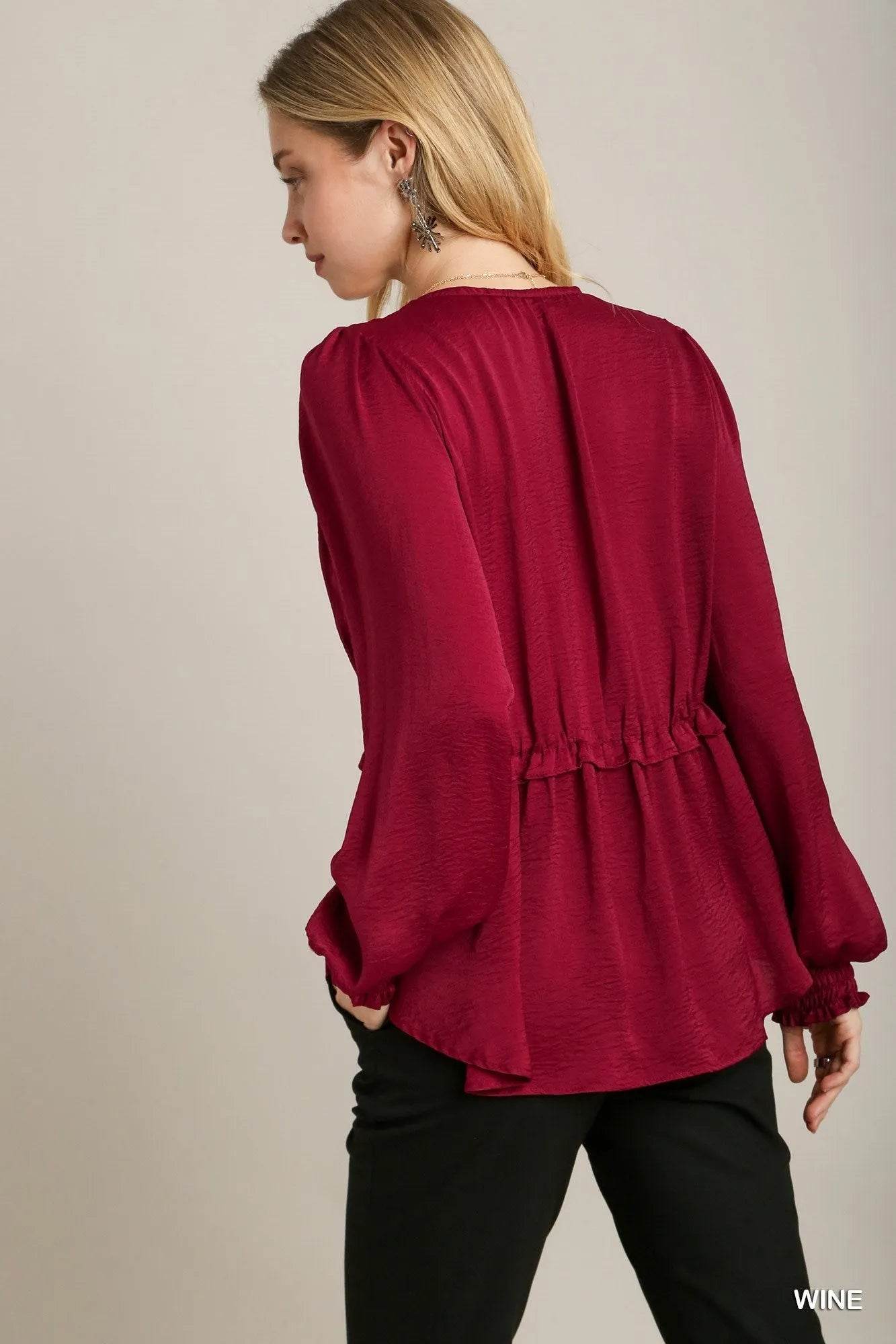Satin V-neck Ruffle Baby Doll Top With Cuffed Long Sleeve - Bona Fide Fashion