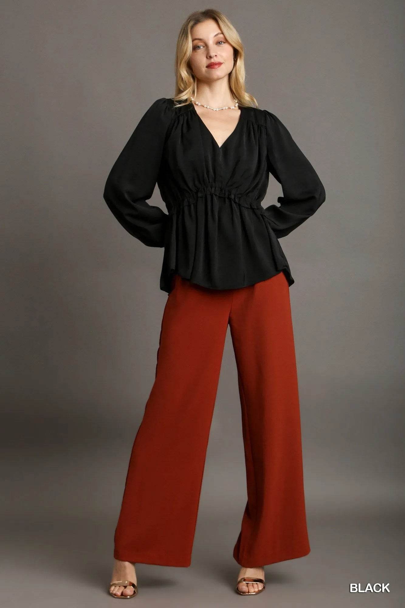 Satin V-neck Ruffle Baby Doll Top With Cuffed Long Sleeve - Bona Fide Fashion