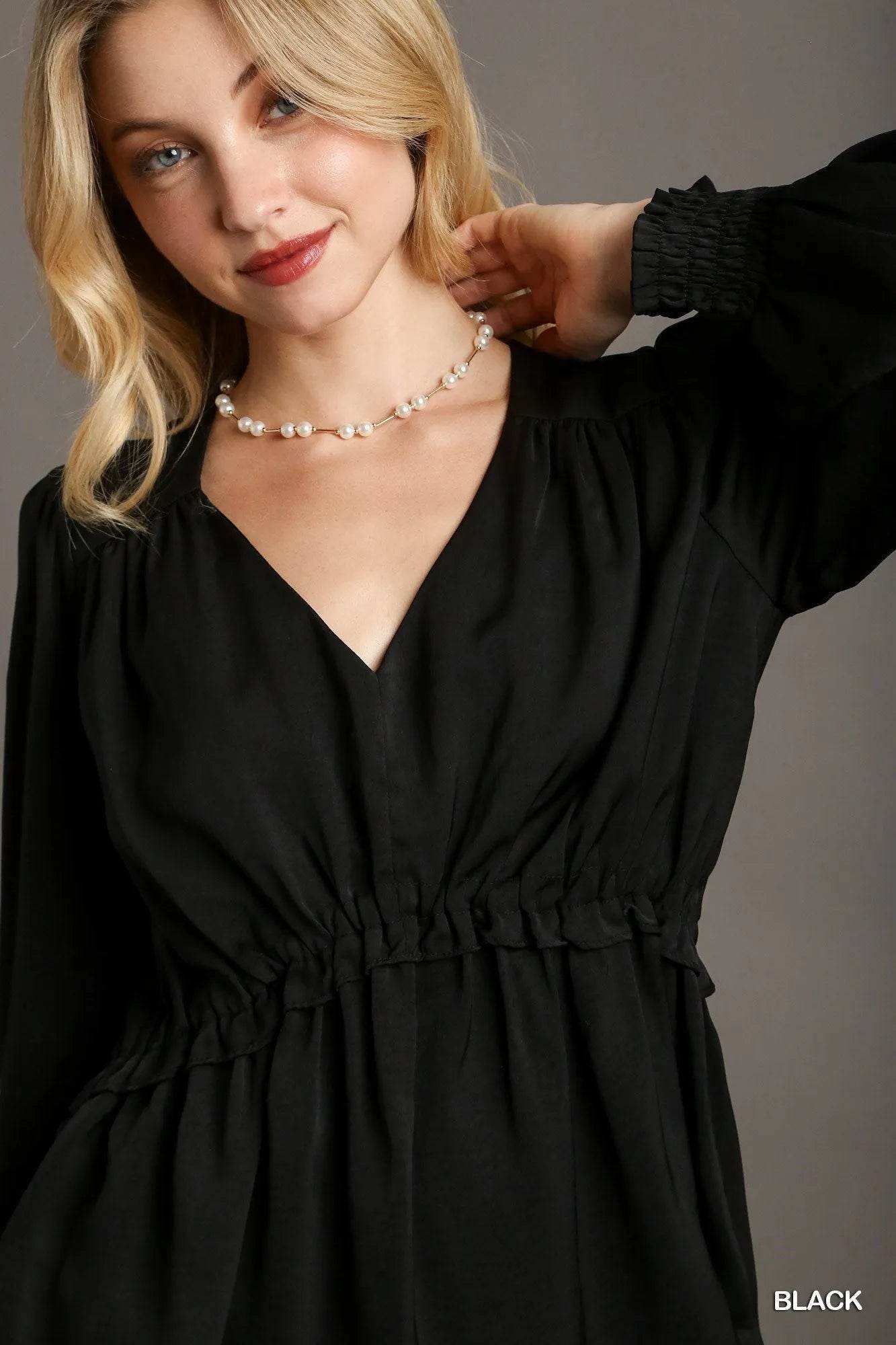 Satin V-neck Ruffle Baby Doll Top With Cuffed Long Sleeve - Bona Fide Fashion