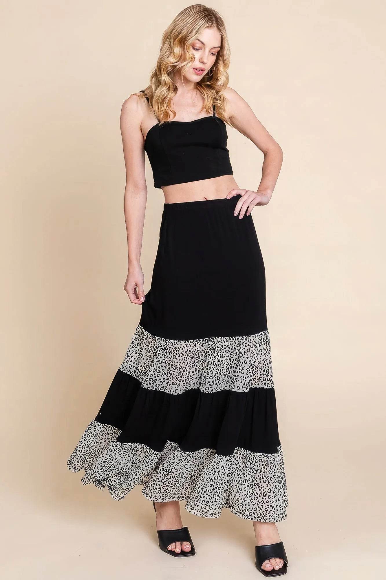 Long Tiered Contrast Fashion Skirt With Velvet Animal Print Mesh - Bona Fide Fashion