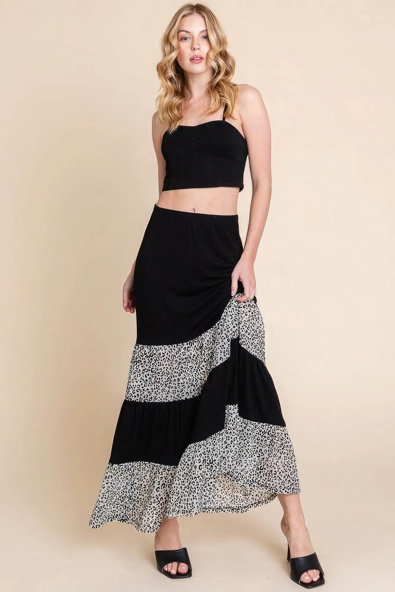 Long Tiered Contrast Fashion Skirt With Velvet Animal Print Mesh - Bona Fide Fashion