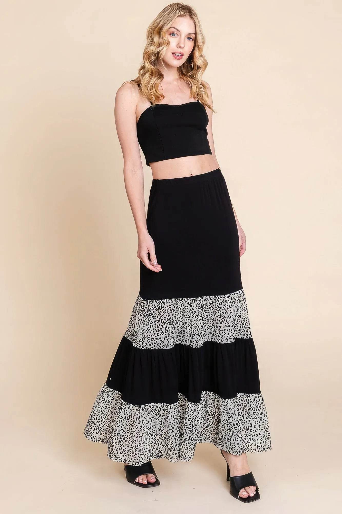 Long Tiered Contrast Fashion Skirt With Velvet Animal Print Mesh - Bona Fide Fashion