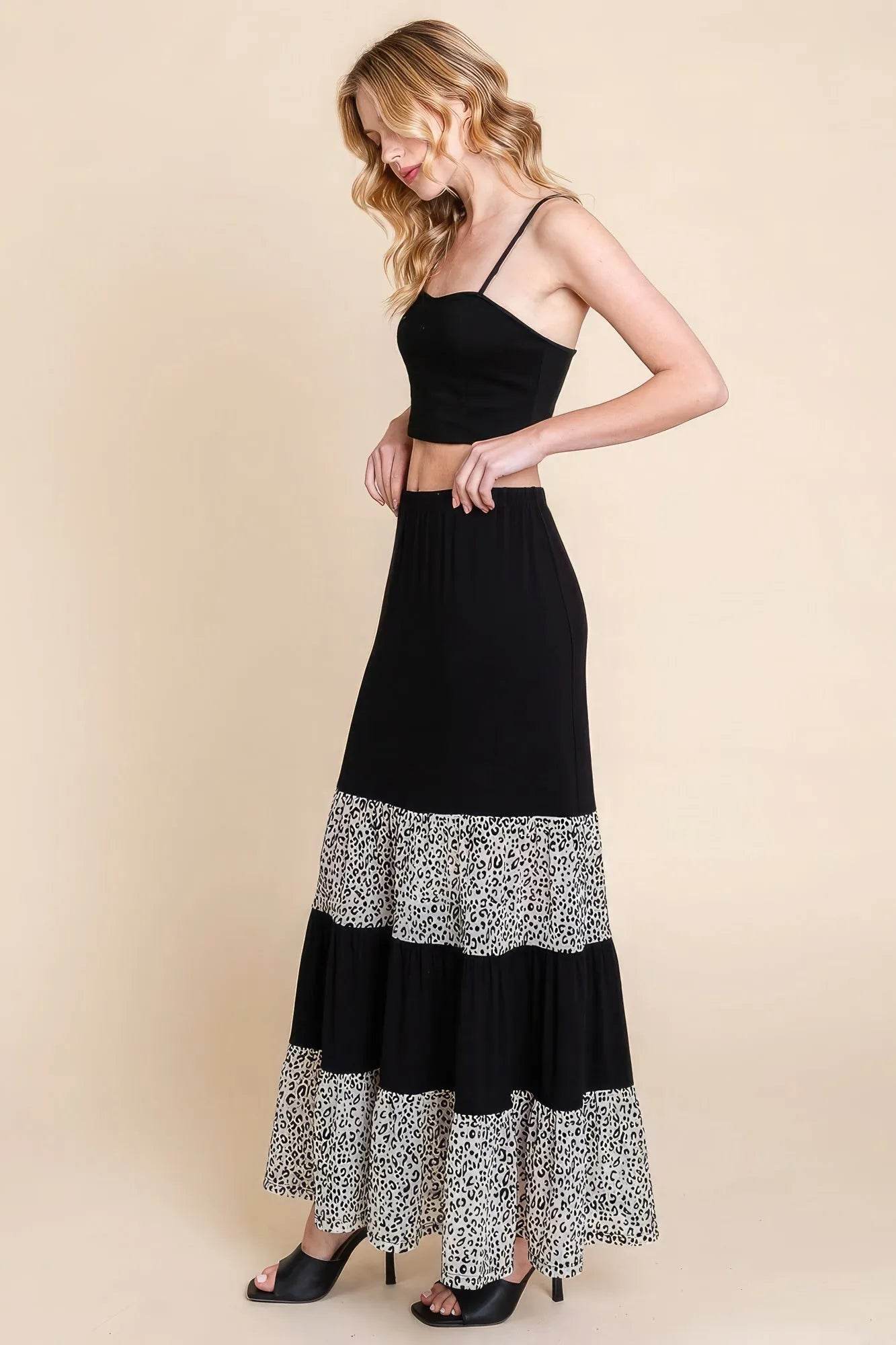 Long Tiered Contrast Fashion Skirt With Velvet Animal Print Mesh - Bona Fide Fashion