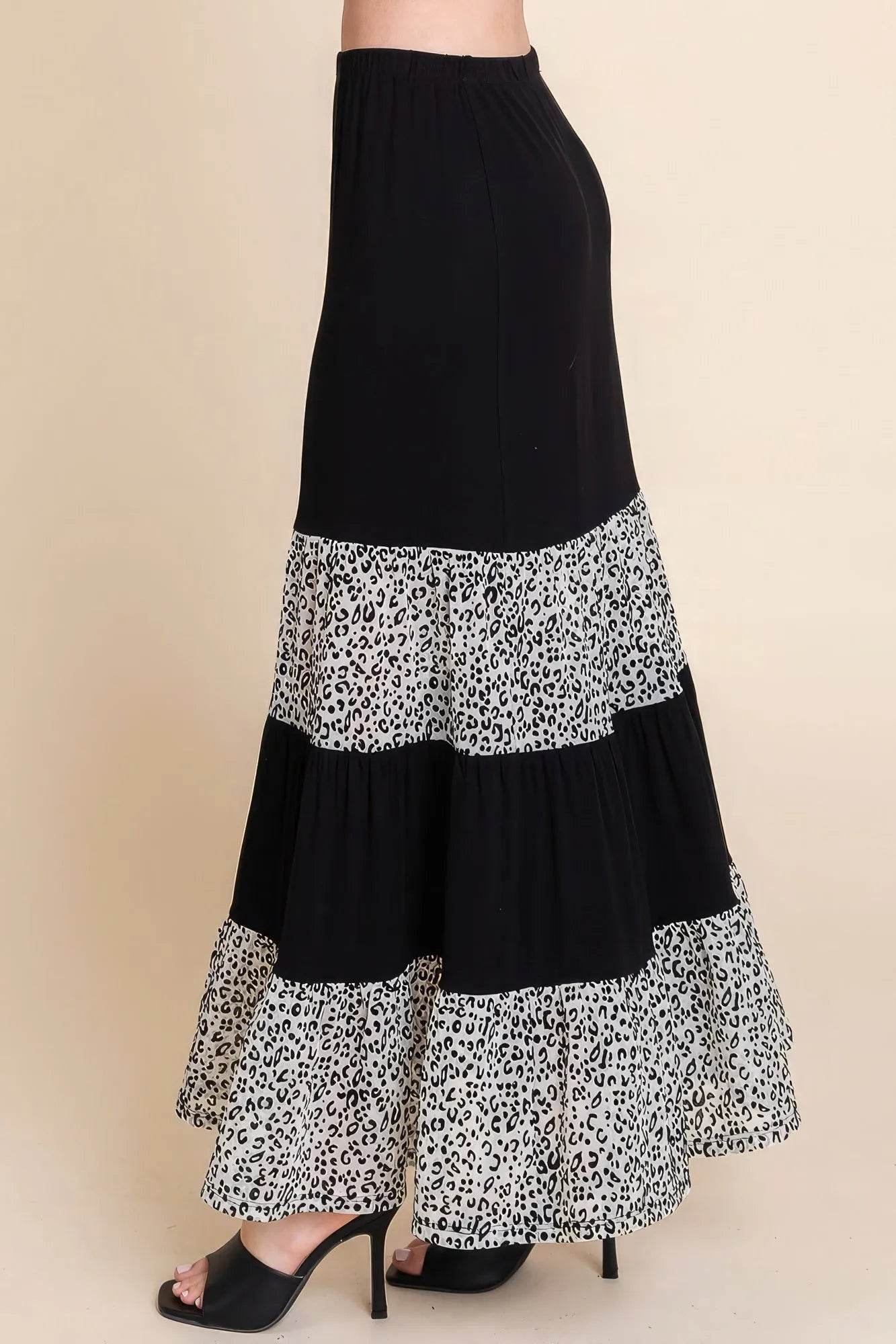 Long Tiered Contrast Fashion Skirt With Velvet Animal Print Mesh - Bona Fide Fashion