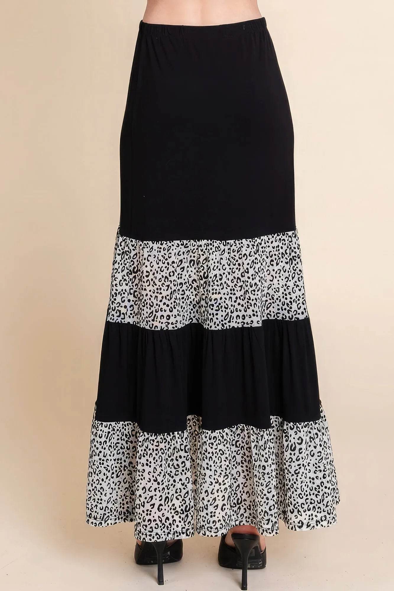 Long Tiered Contrast Fashion Skirt With Velvet Animal Print Mesh - Bona Fide Fashion
