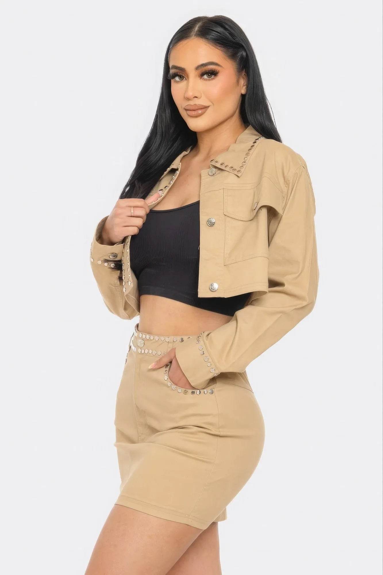 Embroidered cropped shirt set - Bona Fide Fashion