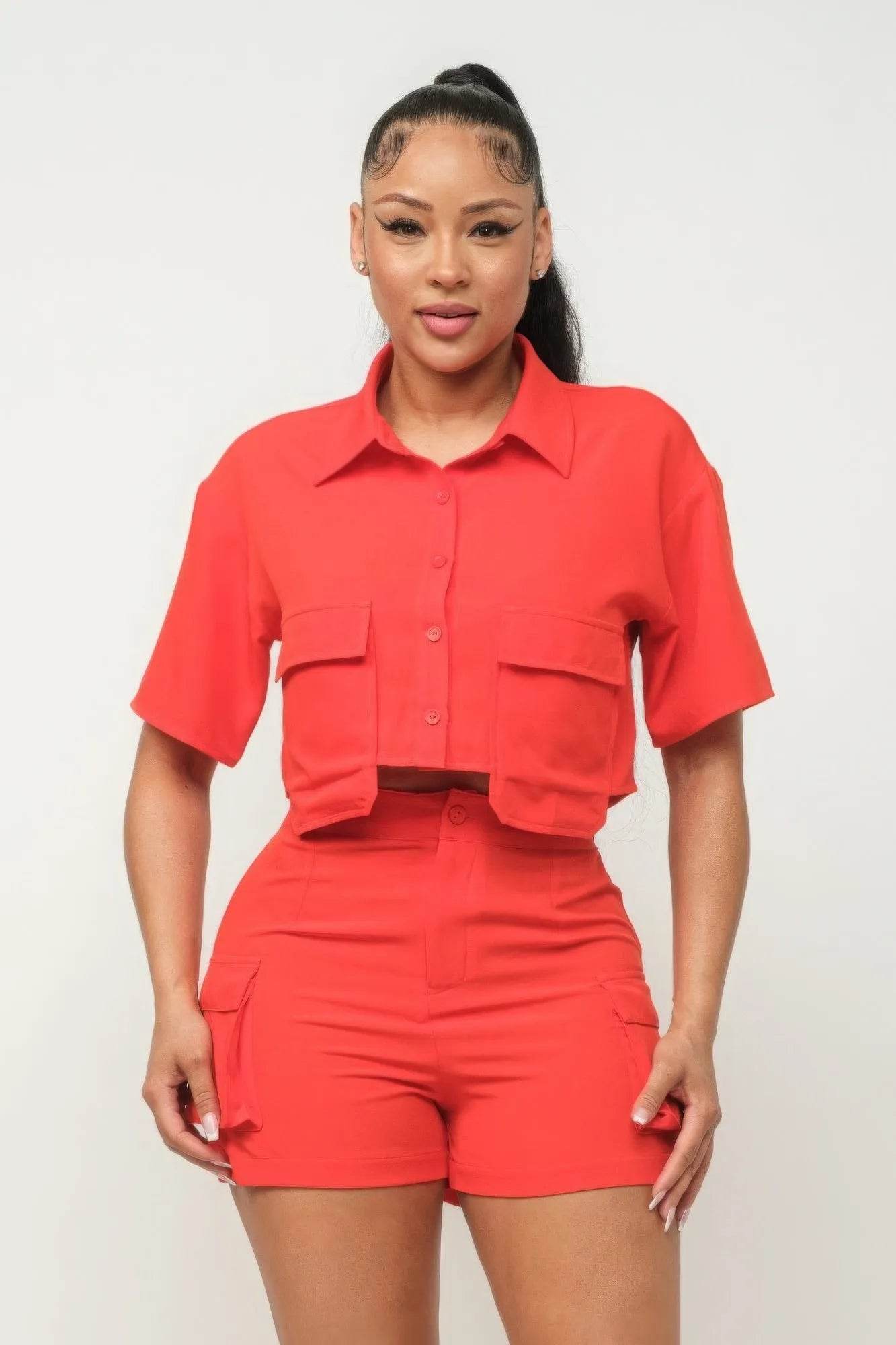 Front Button Down Side Pockets Top And Shorts Set - Bona Fide Fashion