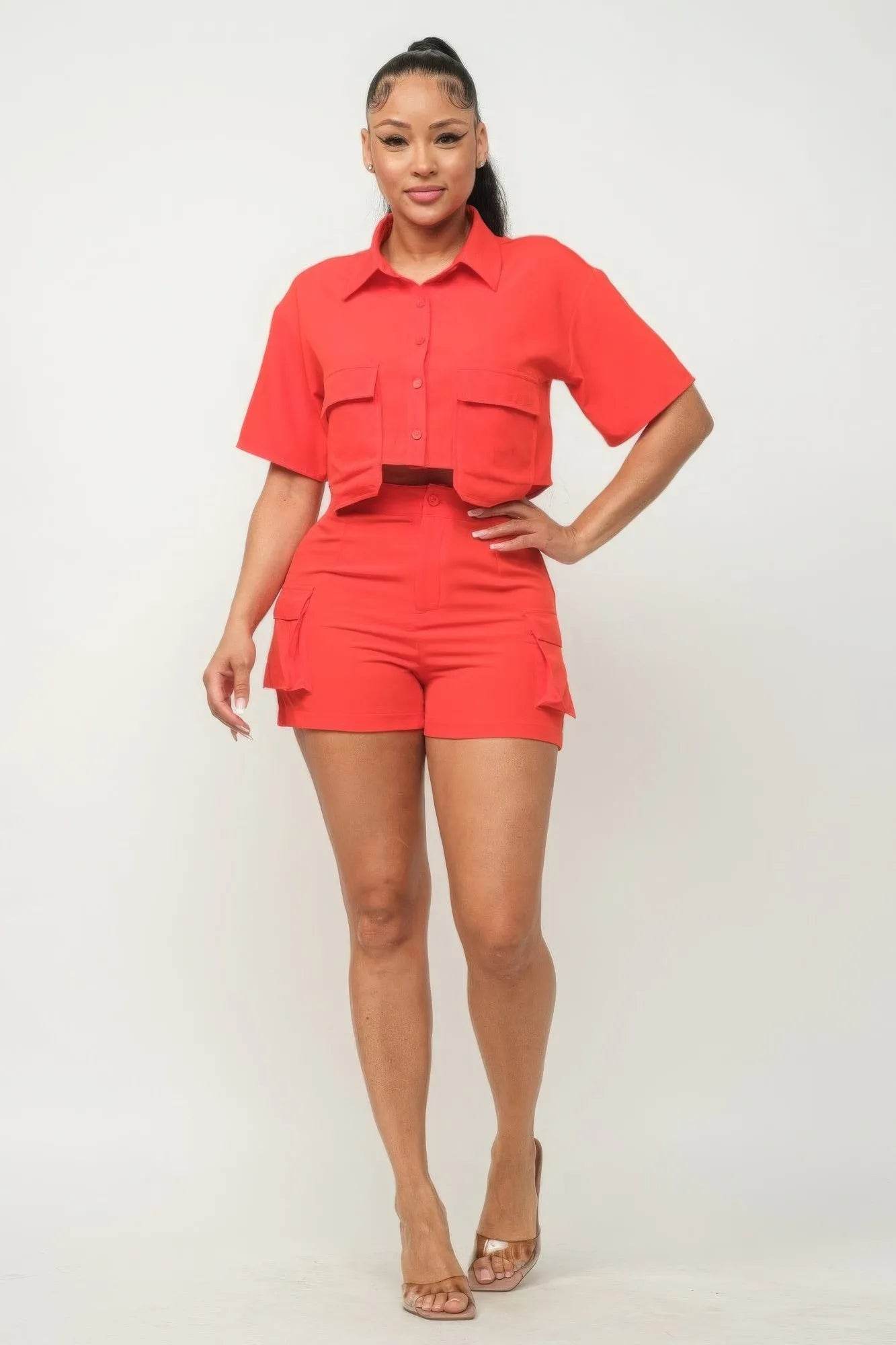 Front Button Down Side Pockets Top And Shorts Set - Bona Fide Fashion