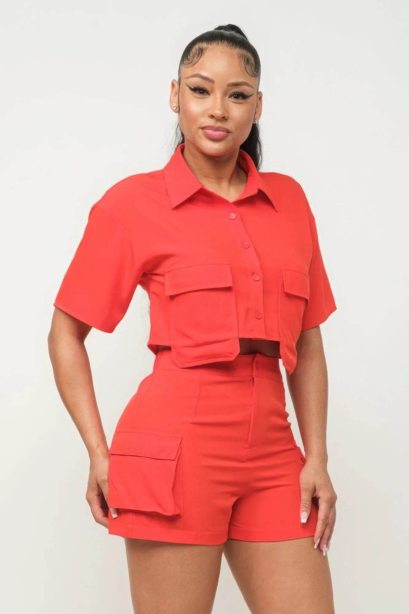 Front Button Down Side Pockets Top And Shorts Set - Bona Fide Fashion