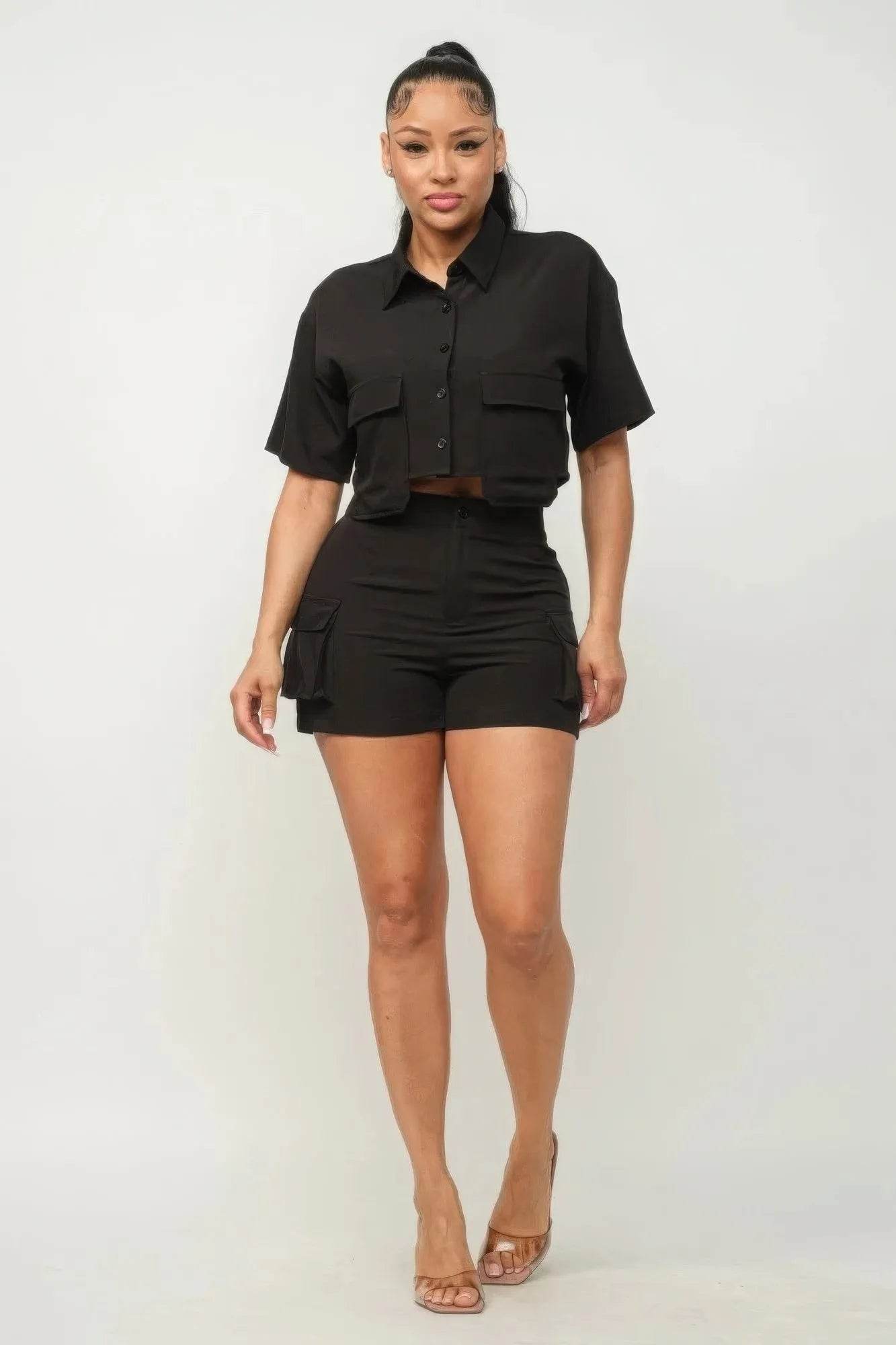 Front Button Down Side Pockets Top And Shorts Set - Bona Fide Fashion