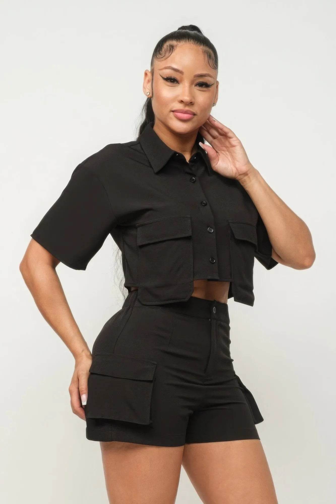 Front Button Down Side Pockets Top And Shorts Set - Bona Fide Fashion