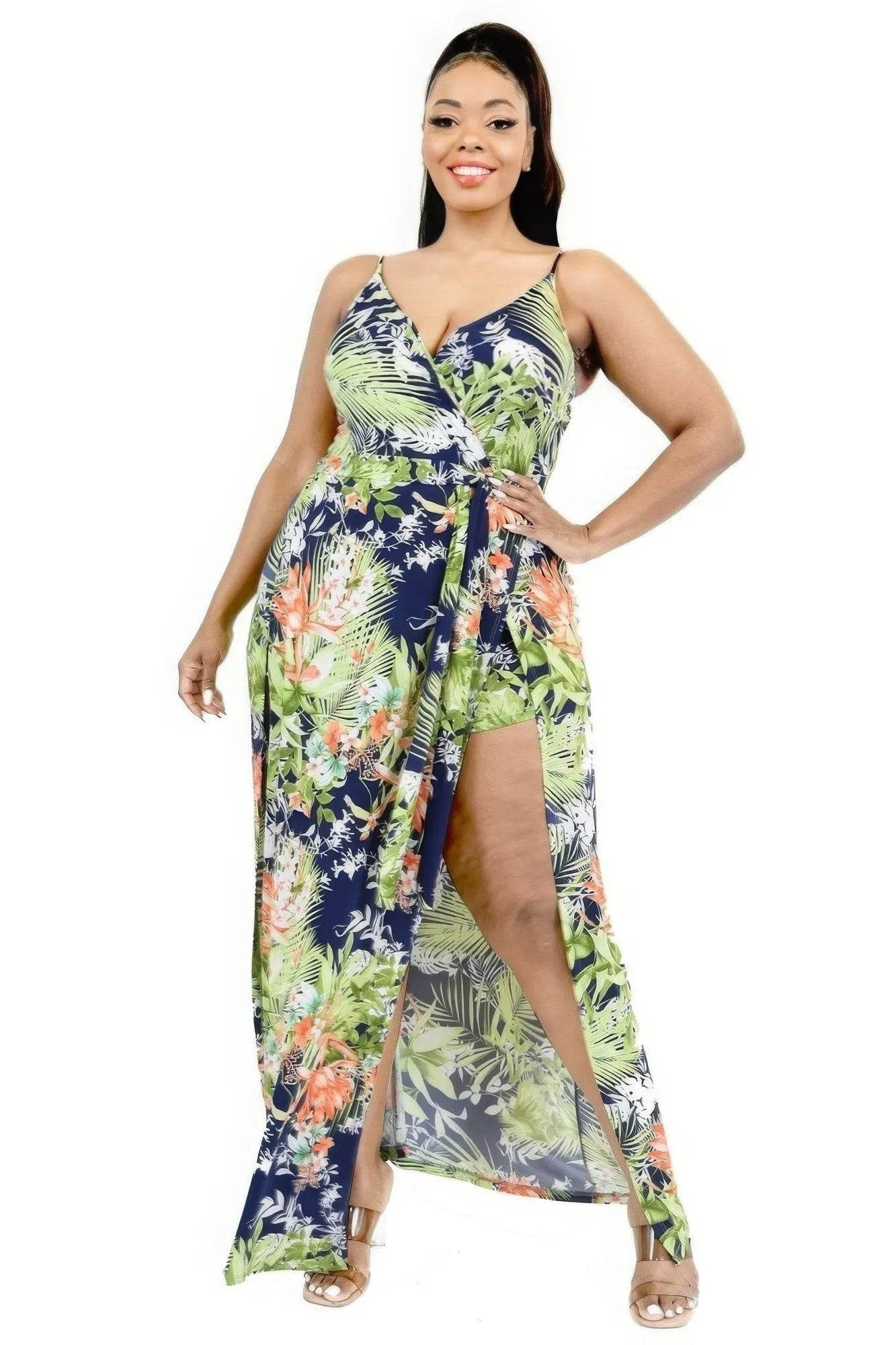 Plus Tropical Leaf Print Surplice Maxi Dress - Bona Fide Fashion