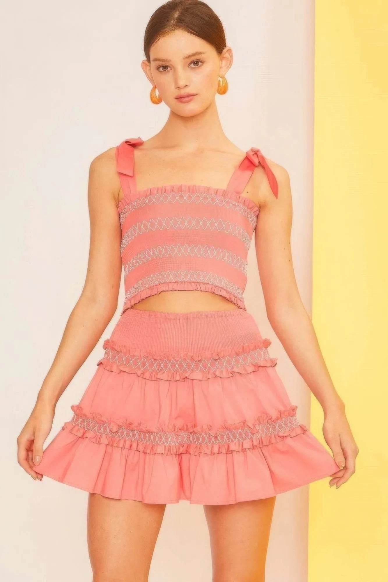 Waist Smocking Ruffle And Shirring Mini Skirt - Bona Fide Fashion