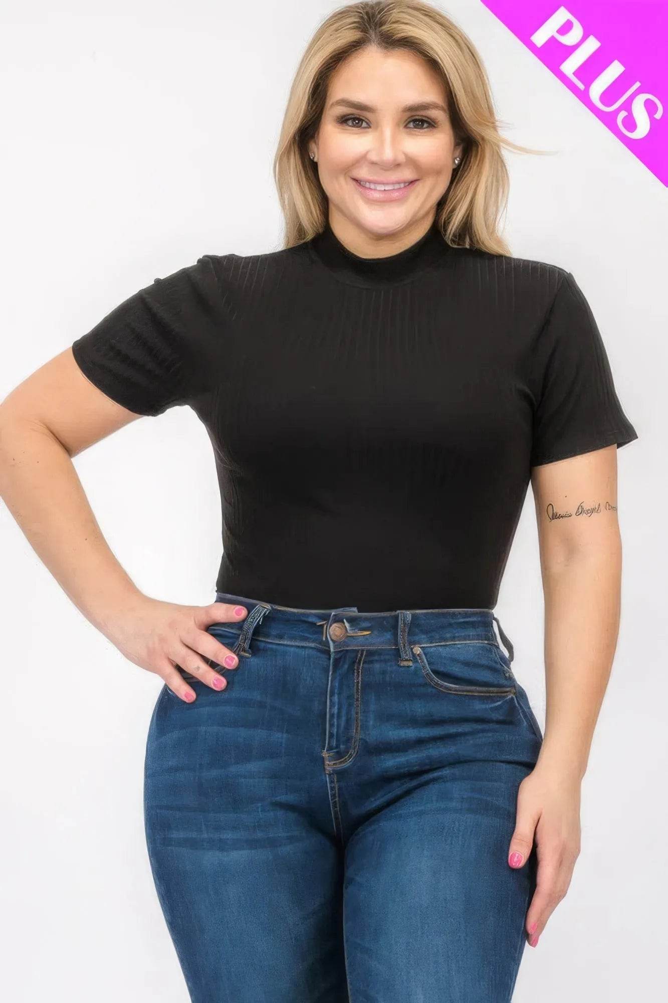 Plus Size Ribbed Short Sleeve Bodysuit - Bona Fide Fashion