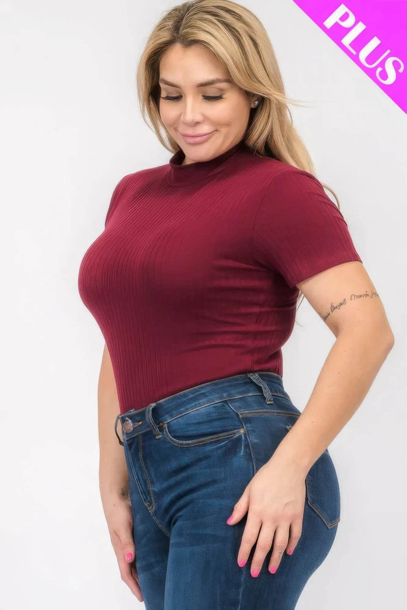 Plus Size Ribbed Short Sleeve Bodysuit - Bona Fide Fashion