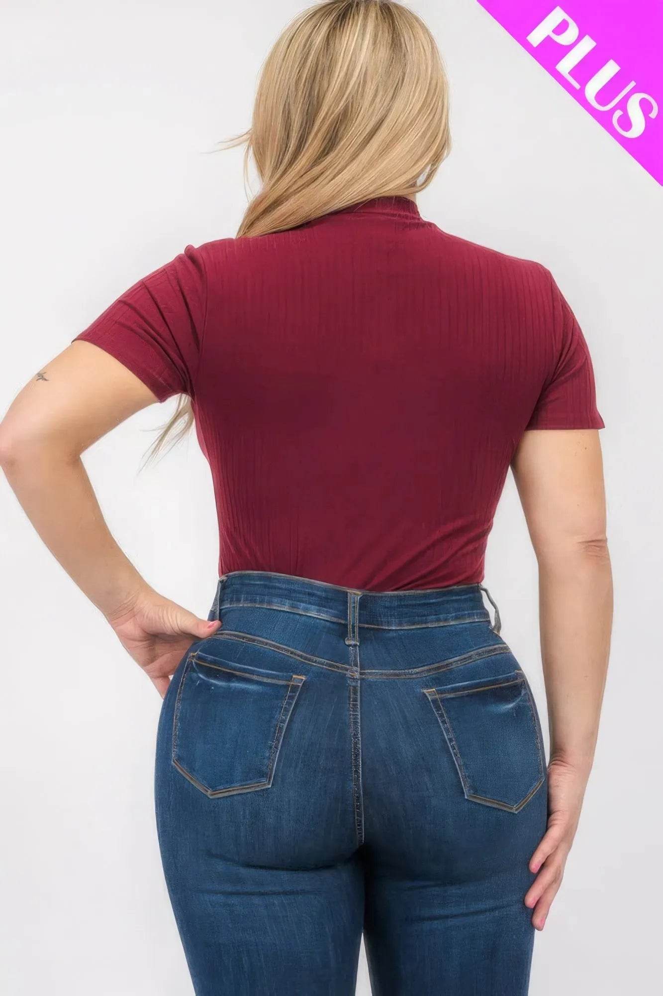 Plus Size Ribbed Short Sleeve Bodysuit - Bona Fide Fashion
