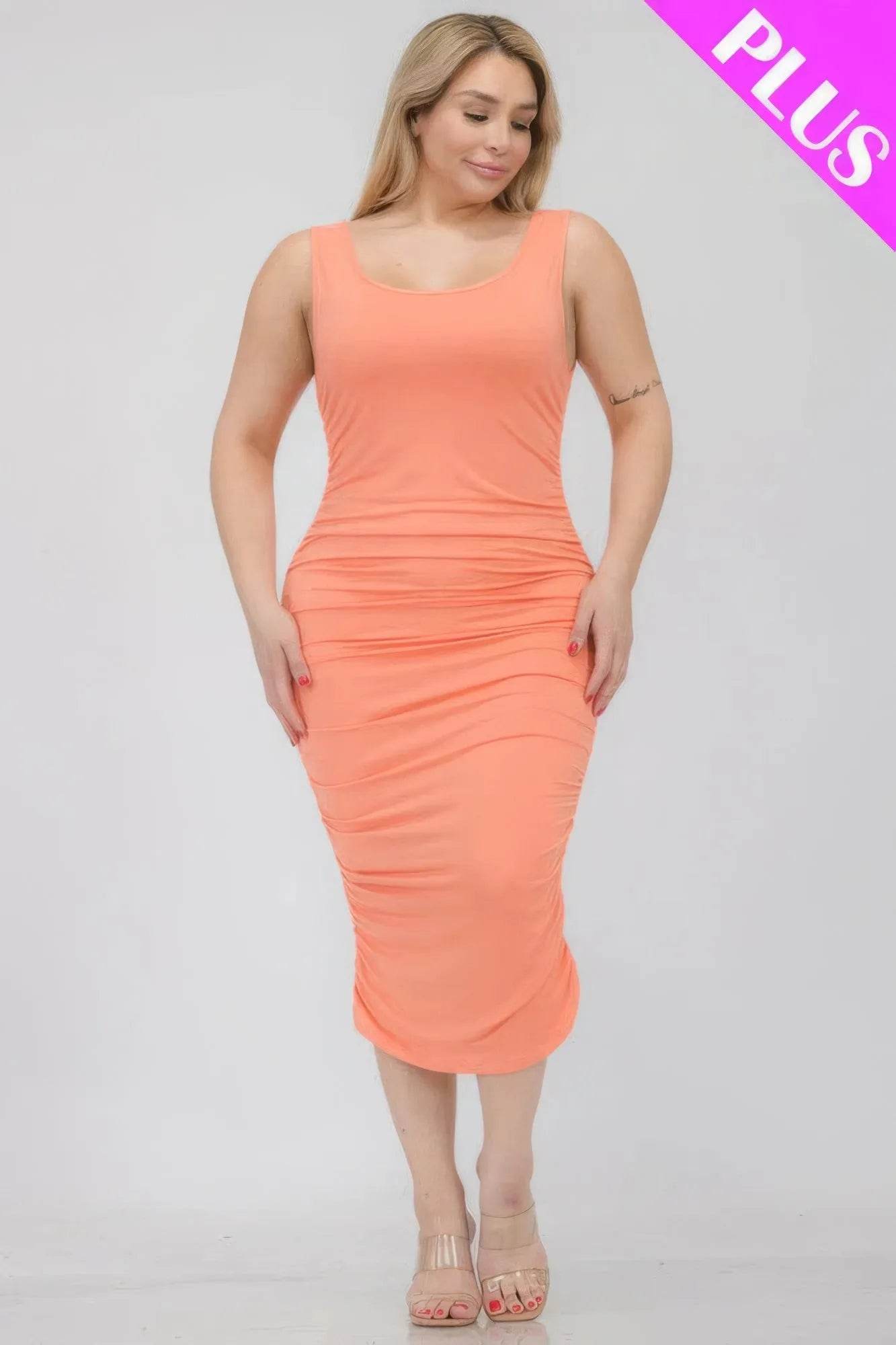 Plus Size Square Neck Ruched Bodycon Midi Dress - Bona Fide Fashion