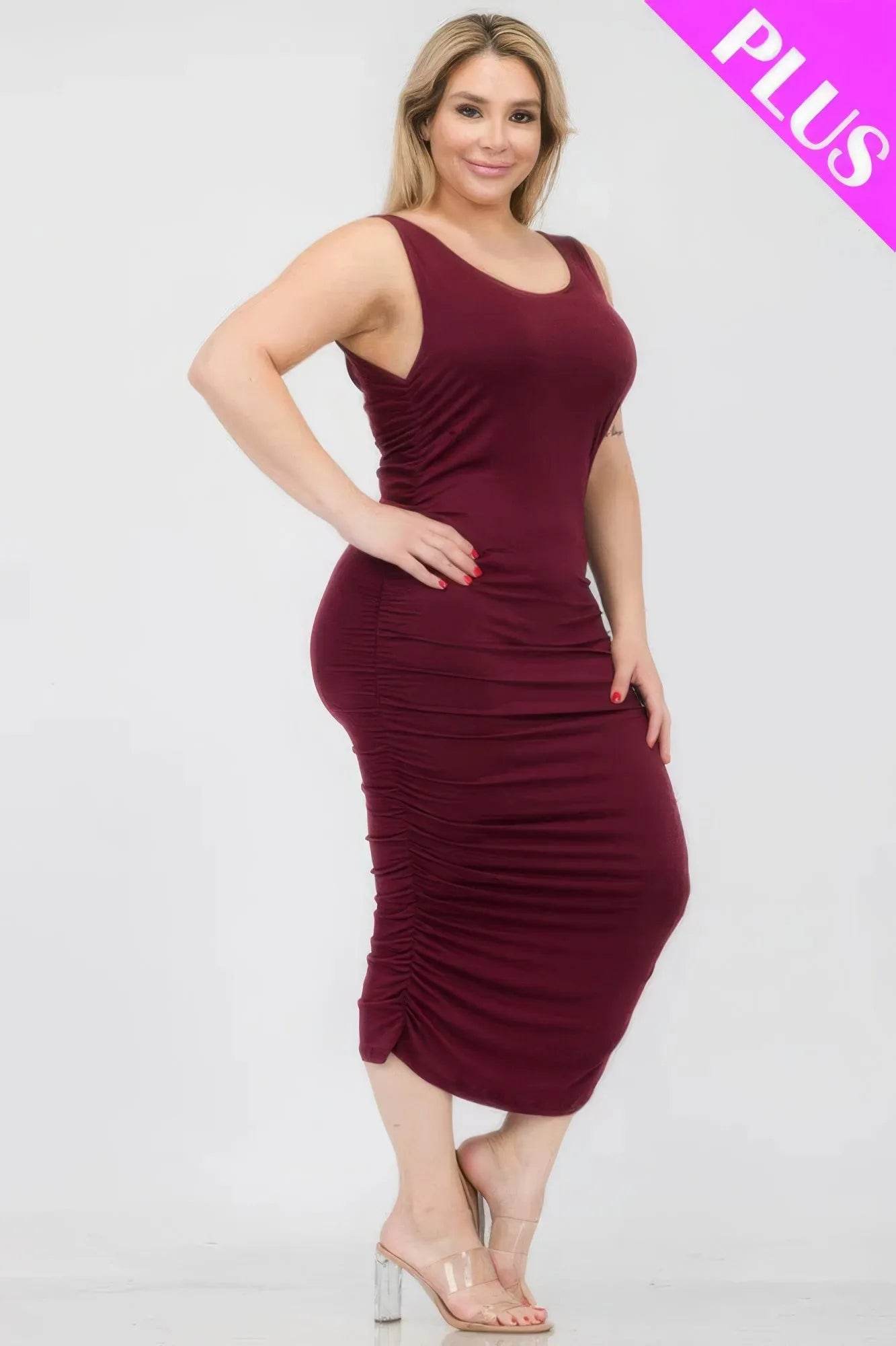 Plus Size Square Neck Ruched Bodycon Midi Dress - Bona Fide Fashion