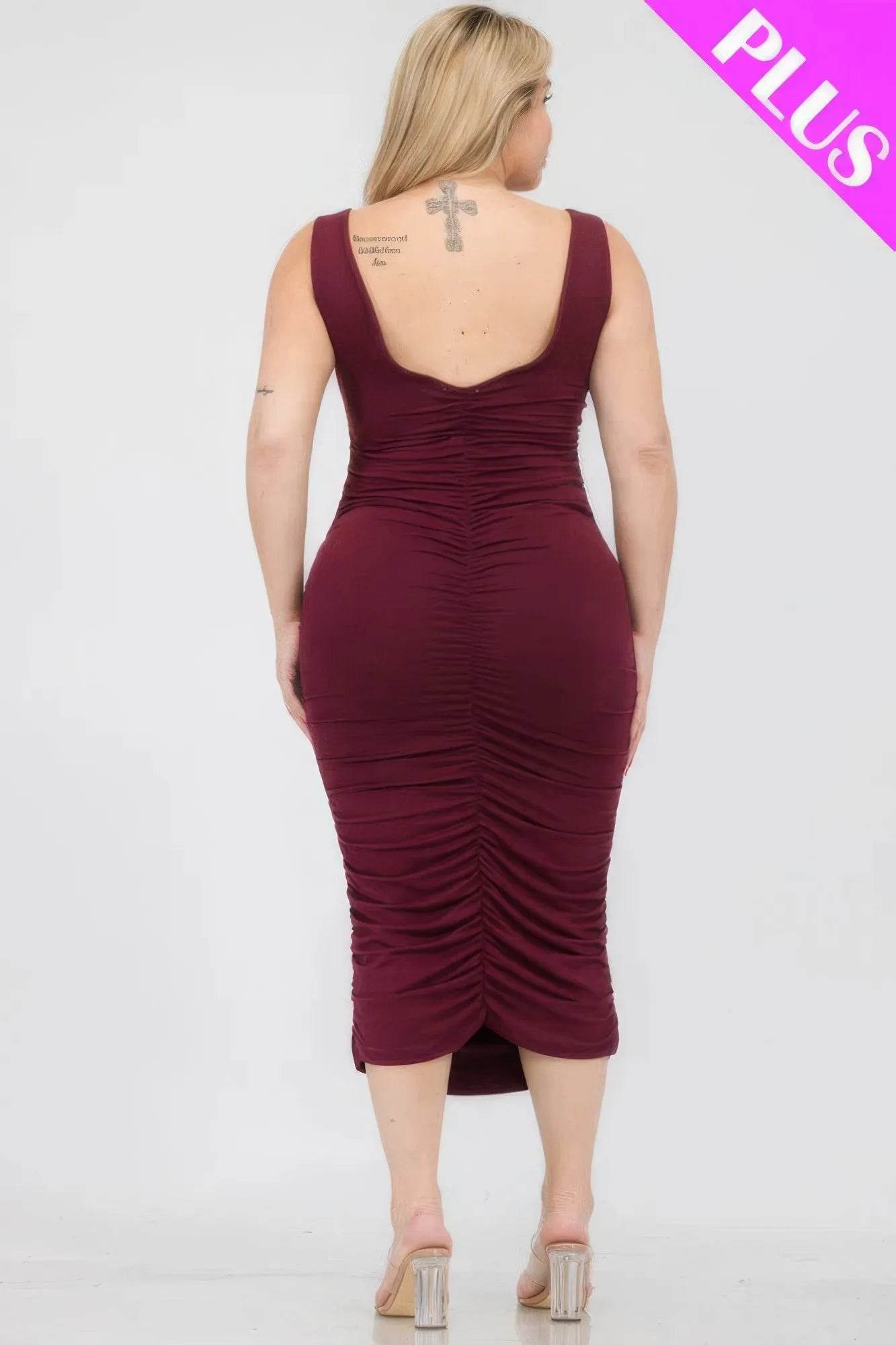 Plus Size Square Neck Ruched Bodycon Midi Dress - Bona Fide Fashion