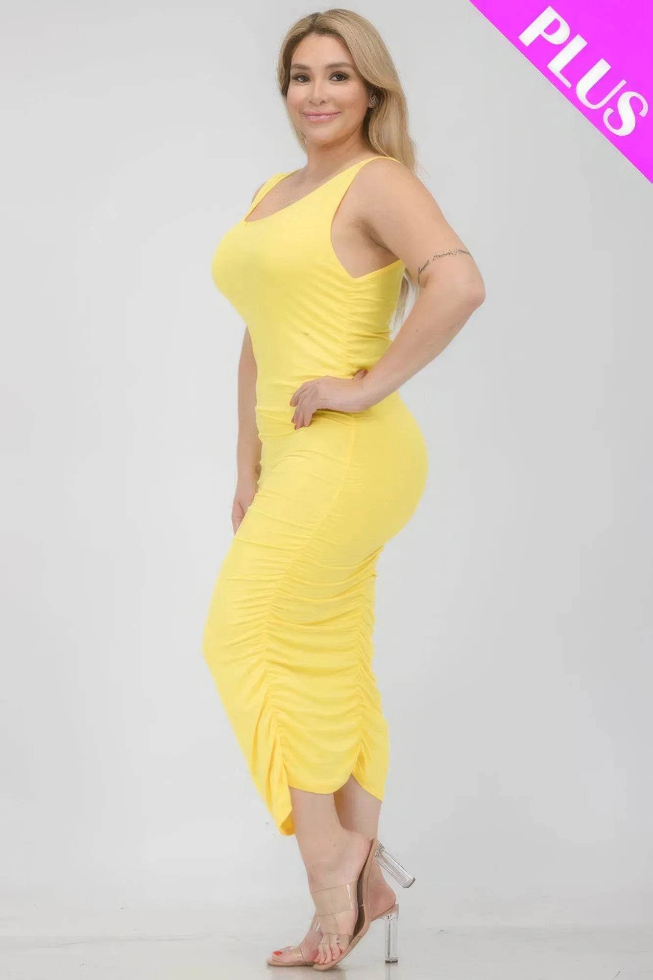 Plus Size Square Neck Ruched Bodycon Midi Dress - Bona Fide Fashion