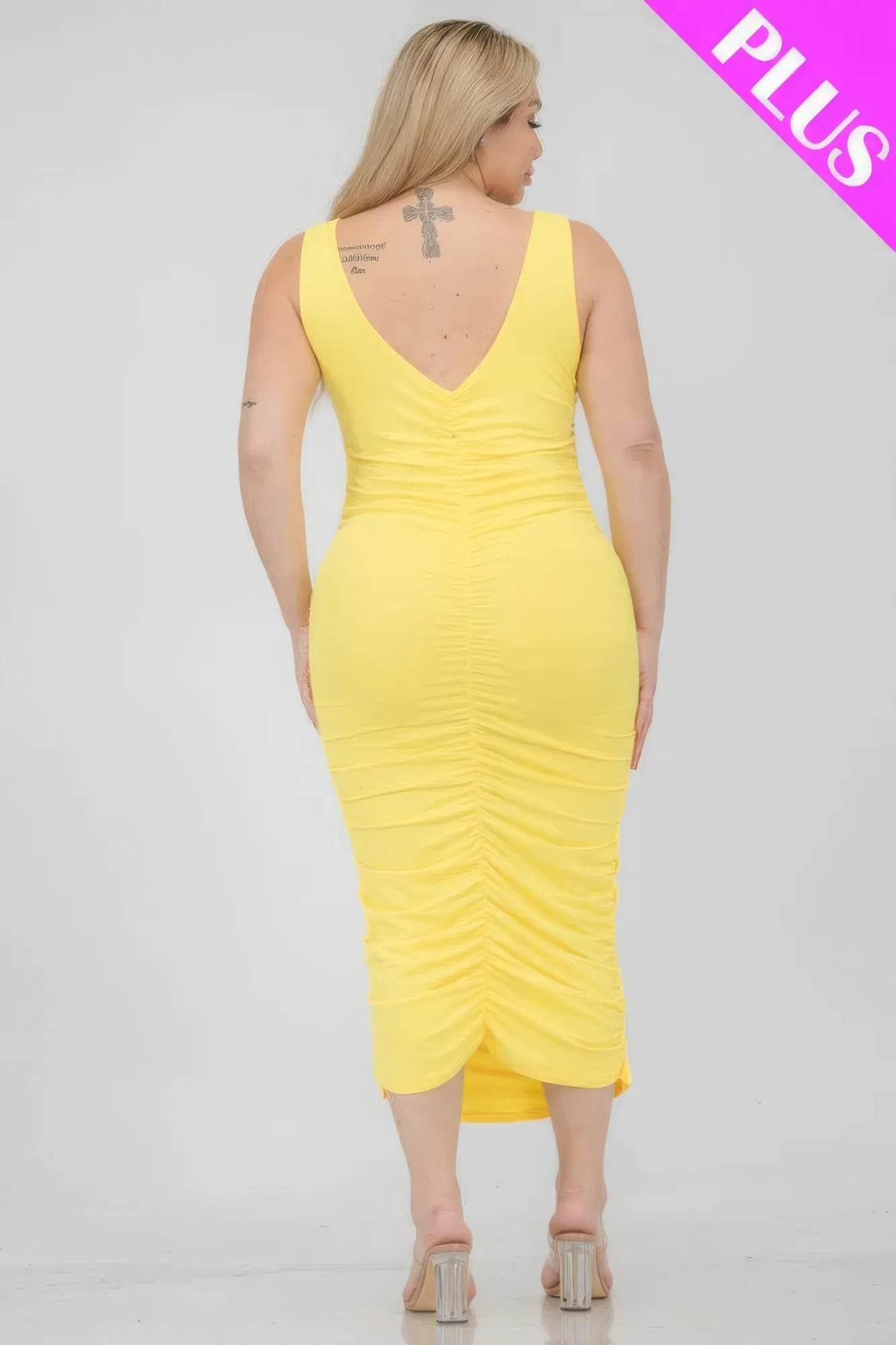 Plus Size Square Neck Ruched Bodycon Midi Dress - Bona Fide Fashion